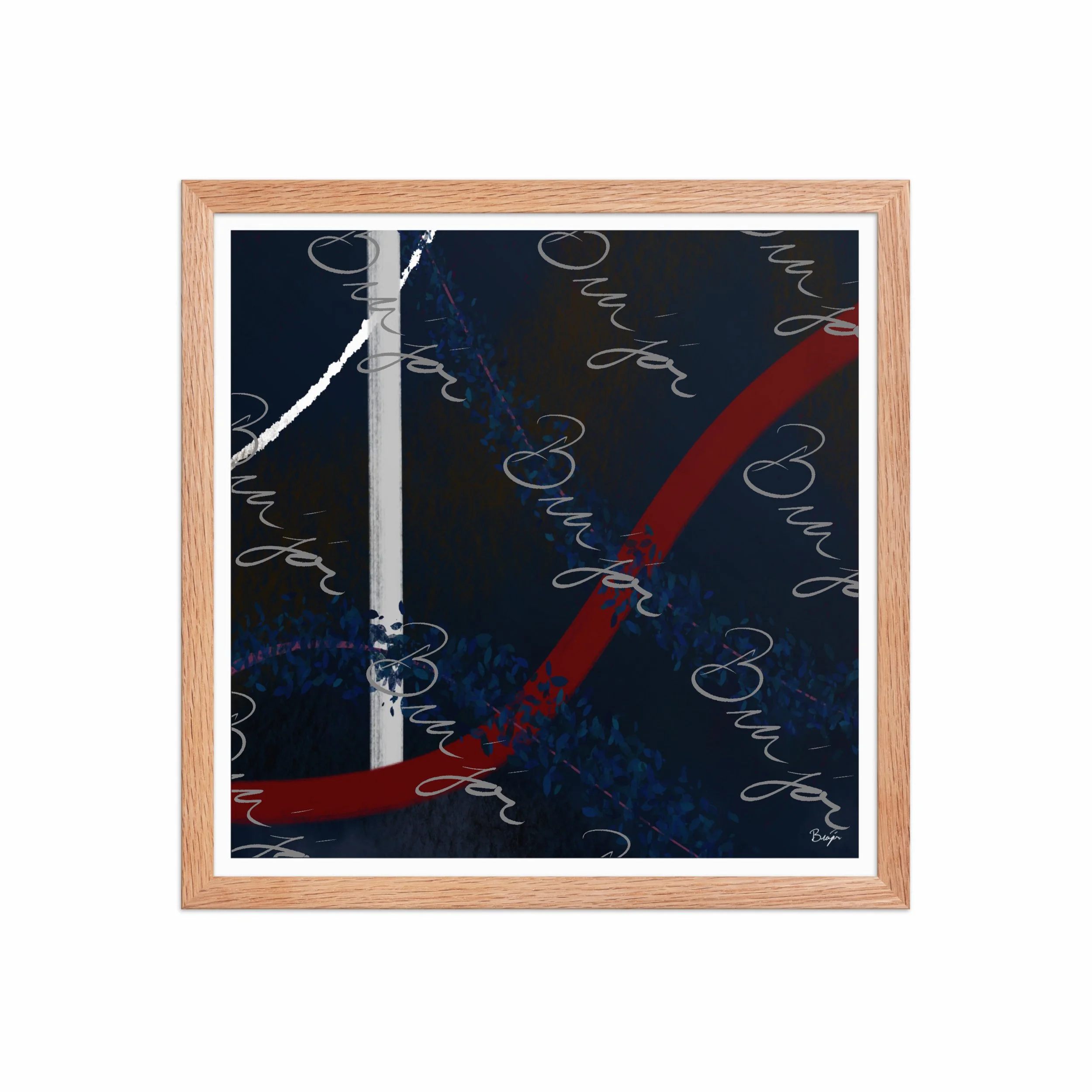 16x16 Red Oak Framed abstract artwork titled Gloomy II designed by the digital abstract artist Bra'jor. Artwork includes the colors Blue, Red, White, Pink, and Black