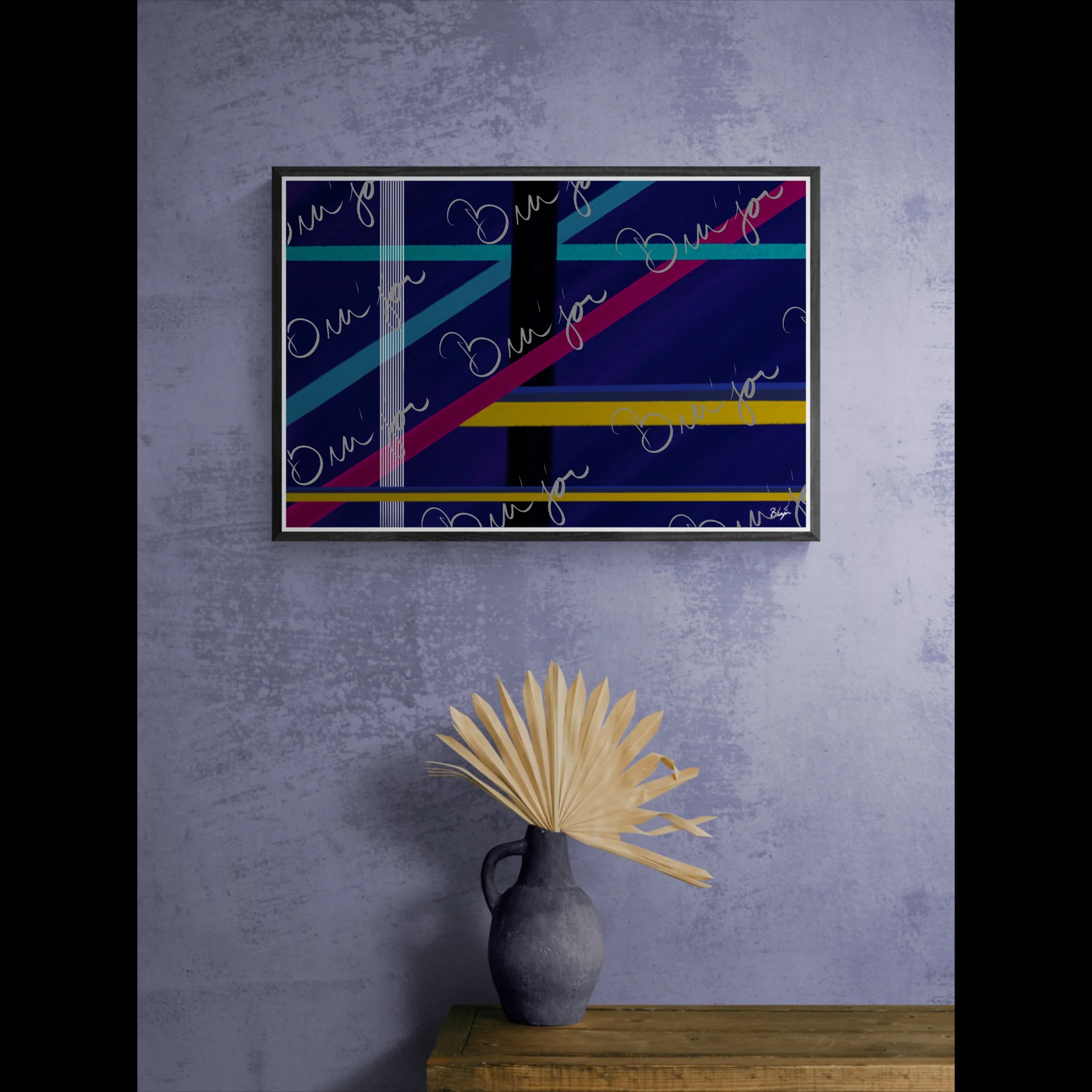 Framed Abstract artwork titled Destinations designed by the digital abstract artist Bra'jor. Artwork includes the colors Black, Blue, Yellow, Pink, and White