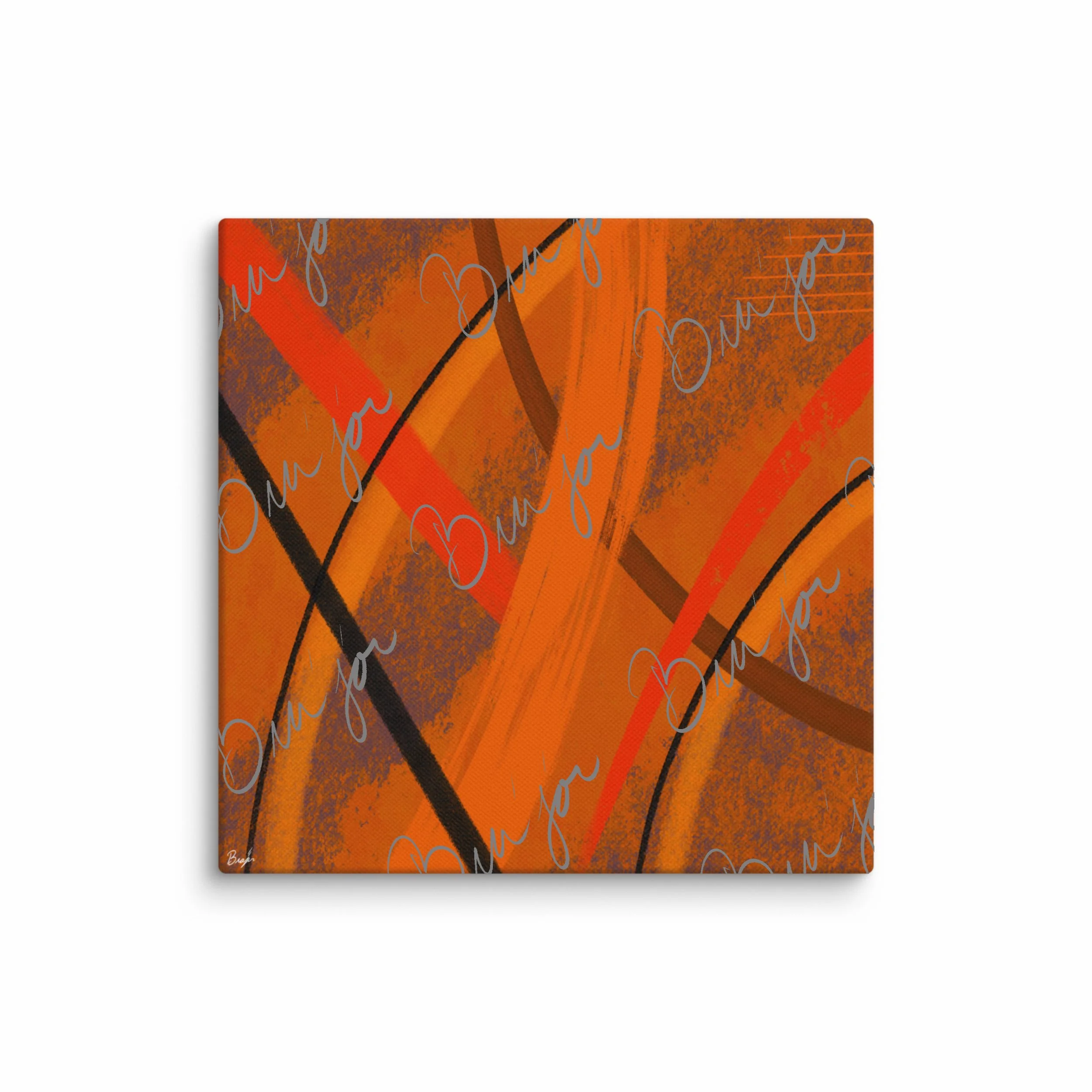 16x16 Canvas Abstract artwork titled Challenges designed by the digital abstract artist Bra'jor. Artwork includes the colors Orange, Brown, Blue, and Black