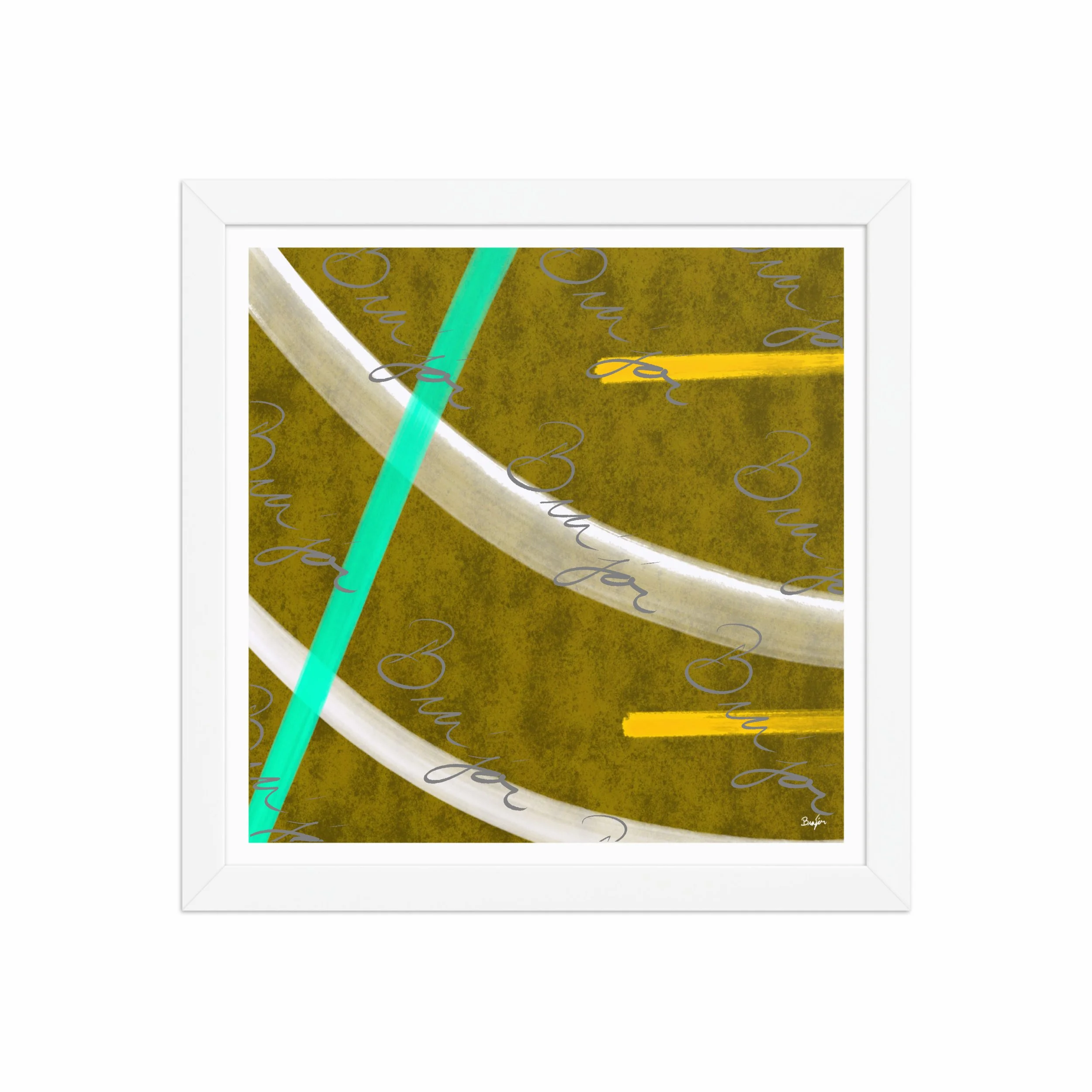 12x12 White Framed Abstract artwork titled Hushed designed by the digital abstract artist Bra'jor. Artwork includes the colors Orange, Yellow, White, and Blue