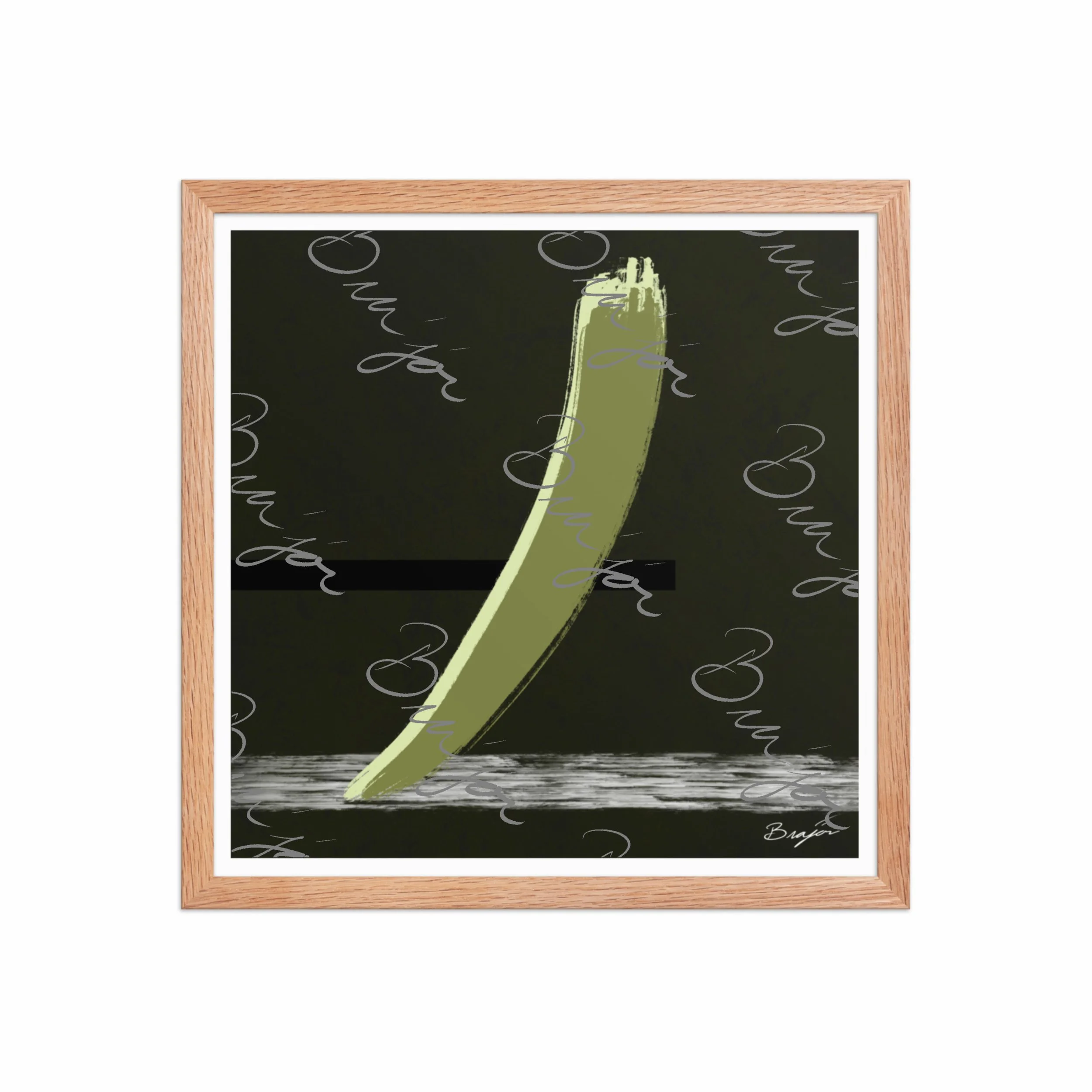 16x16 Red Oak Framed abstract artwork titled Drift designed by the digital abstract artist Bra'jor. Artwork includes the colors Green in multiple shades, Black,  White, and Gray