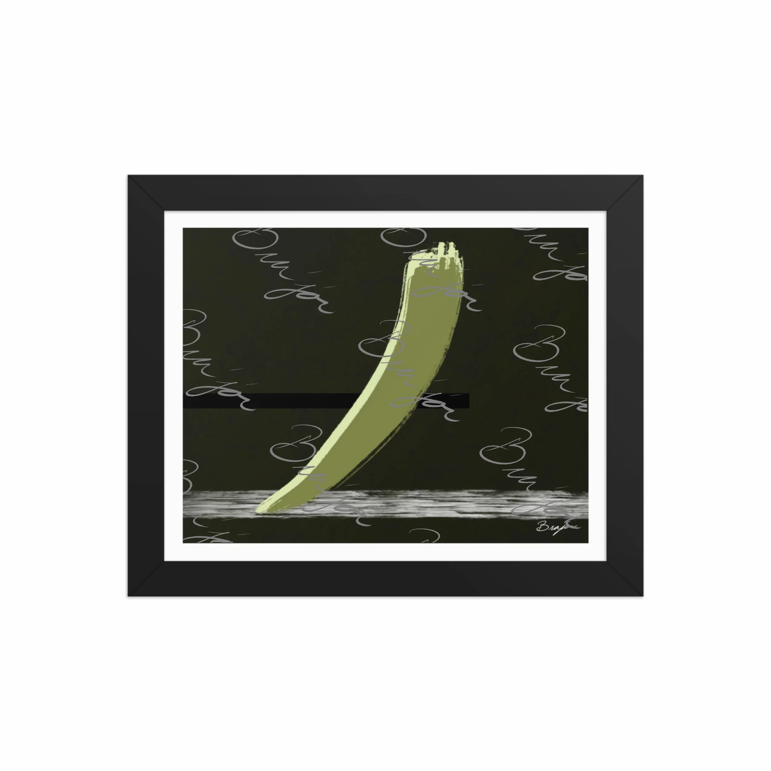 8x10 Black Framed abstract artwork titled Drift designed by the digital abstract artist Bra'jor. Artwork includes the colors Green in multiple shades, Black,  White, and Gray