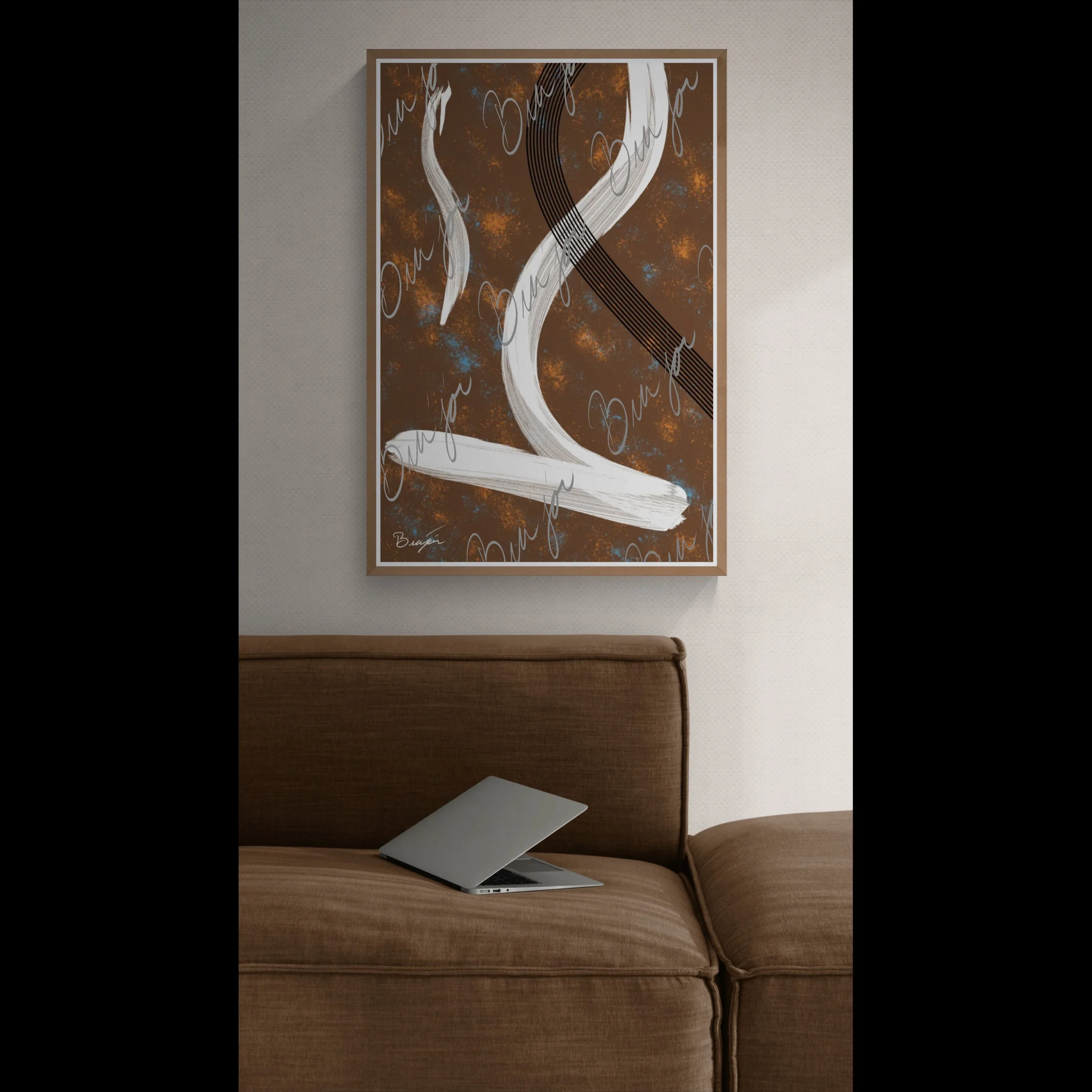 Framed abstract artwork titled My Heart designed by the digital abstract artist Bra'jor. Artwork includes the colors Brown, Orange, Blue, White, and Black