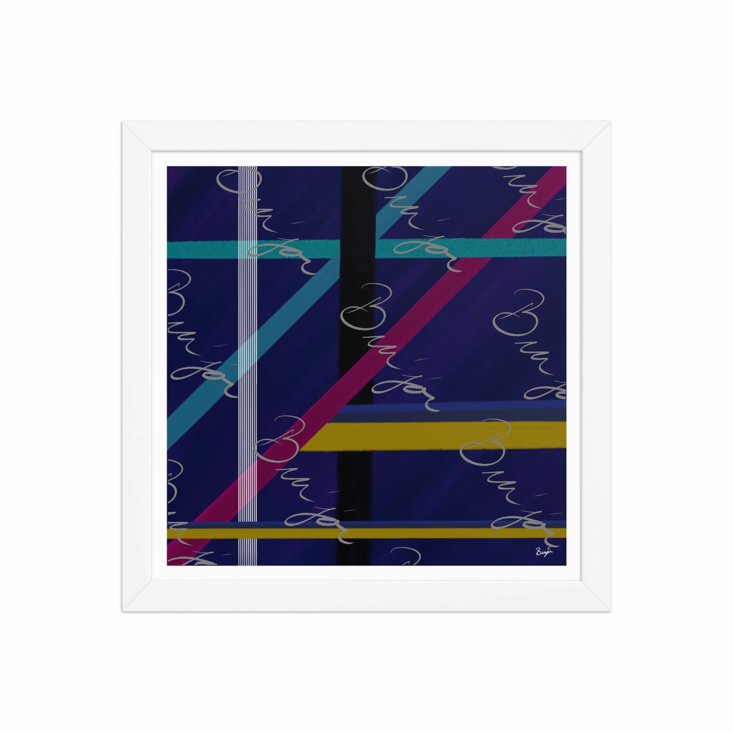 12x12 White Framed Abstract artwork titled Destinations designed by the digital abstract artist Bra'jor. Artwork includes the colors Black, Blue, Yellow, Pink, and White