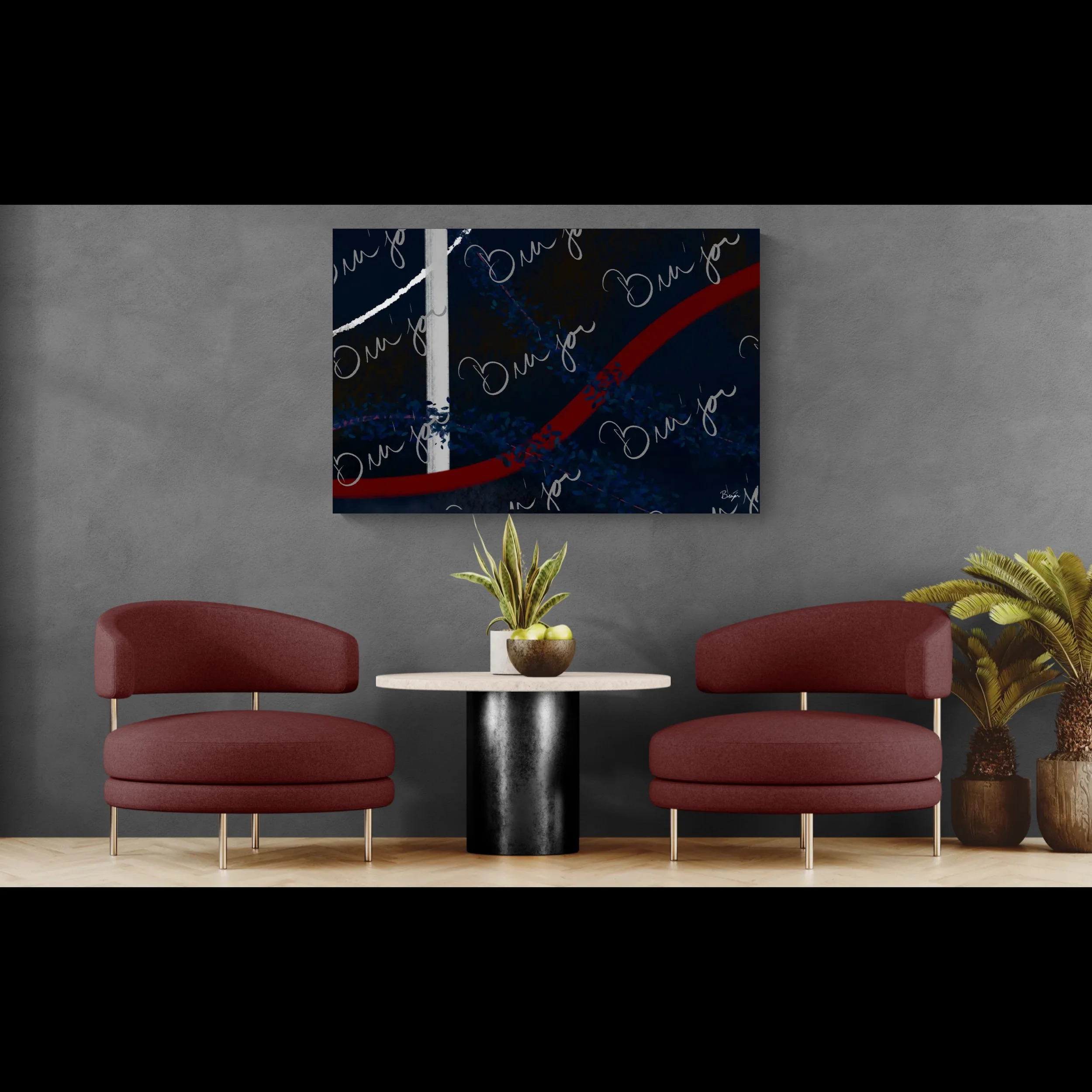 XL Canvas Abstract artwork titled Gloomy II designed by the digital abstract artist Bra'jor. Artwork includes the colors Blue, Red, White, Pink, and Black