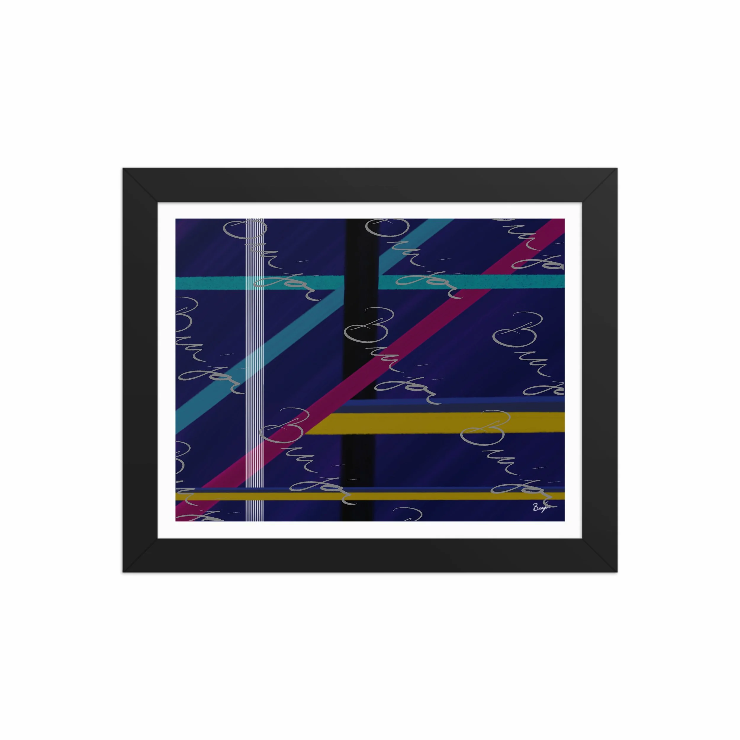 8x10 Black Framed Abstract artwork titled Destinations designed by the digital abstract artist Bra'jor. Artwork includes the colors Black, Blue, Yellow, Pink, and White