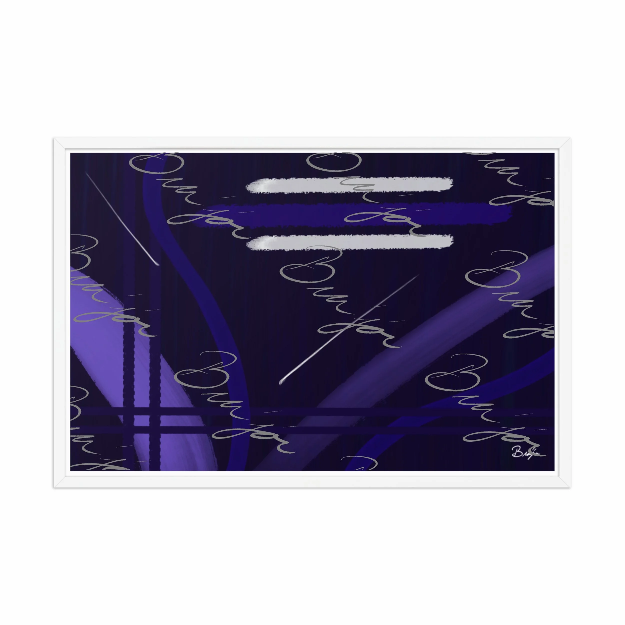 24x36 White Framed Abstract artwork titled Beneath designed by the digital abstract artist Bra'jor. Artwork includes the colors Blue, White, Purple, and Navy