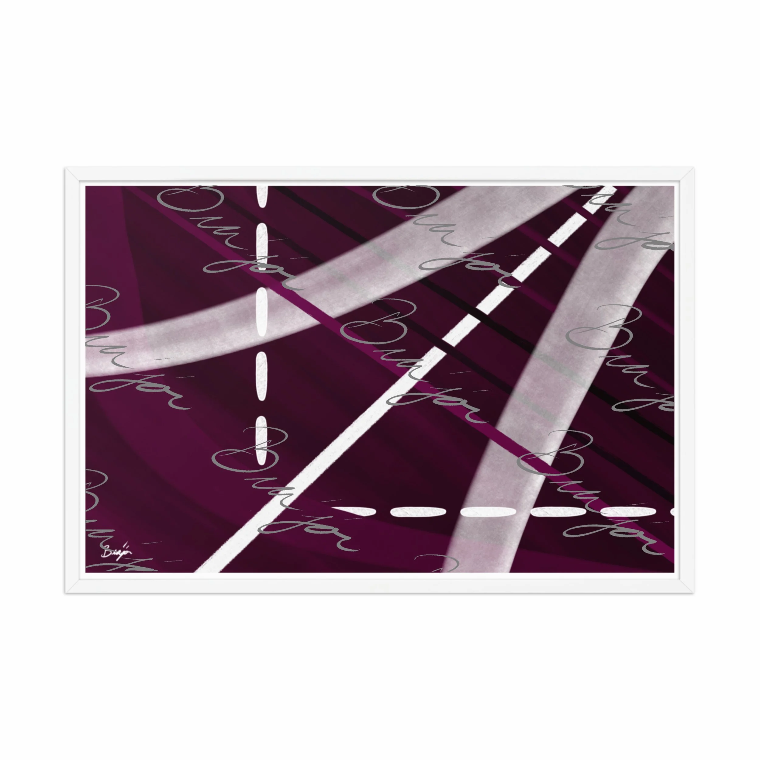 24x36 White Framed abstract artwork titled Tuning designed by the digital abstract artist Bra'jor. Artwork includes the colors Purple, Black, Gray, and White