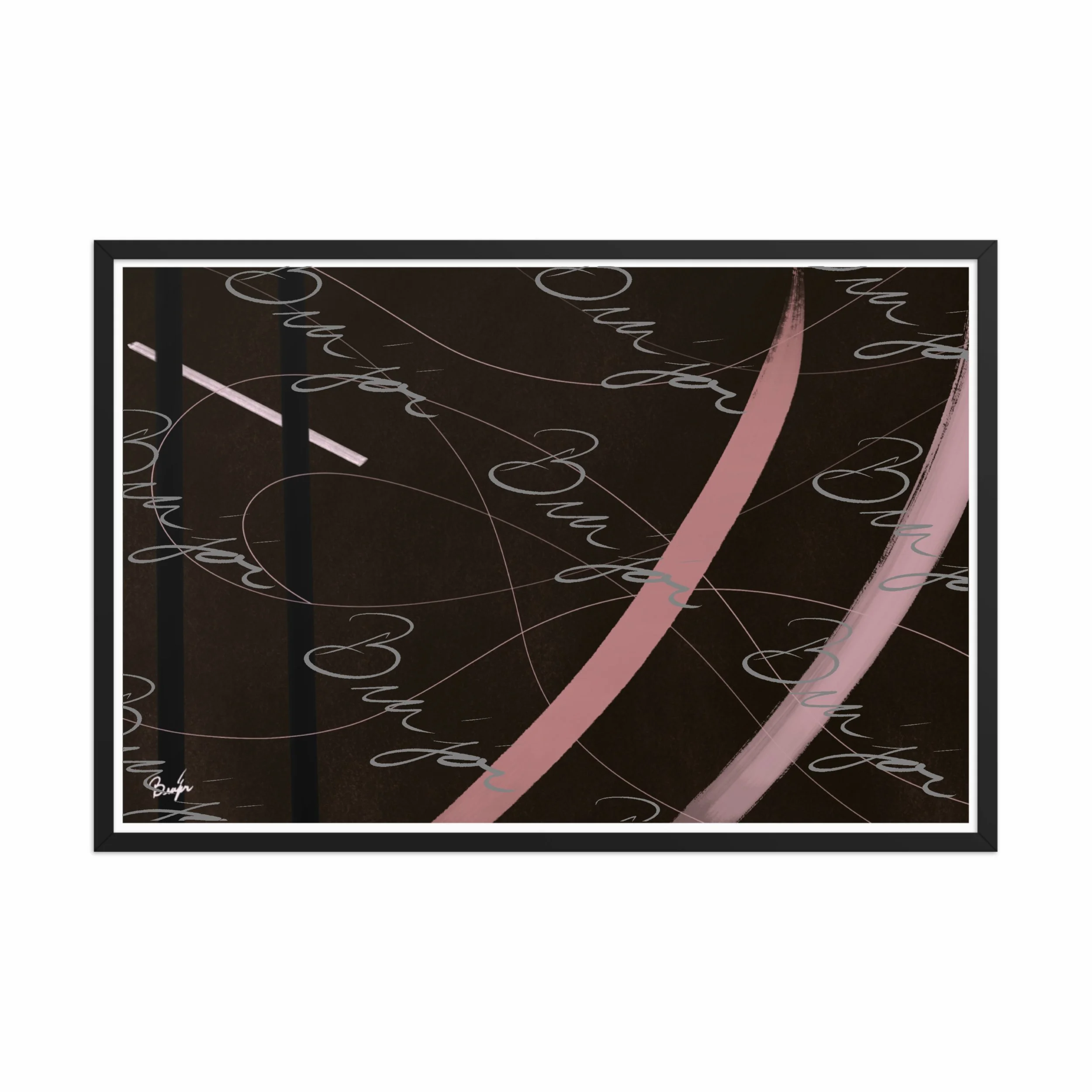 24x36 Black Framed abstract artwork titled Beholder designed by the digital abstract artist Bra'jor. Artwork includes the colors Brown, Pink, Black, and White