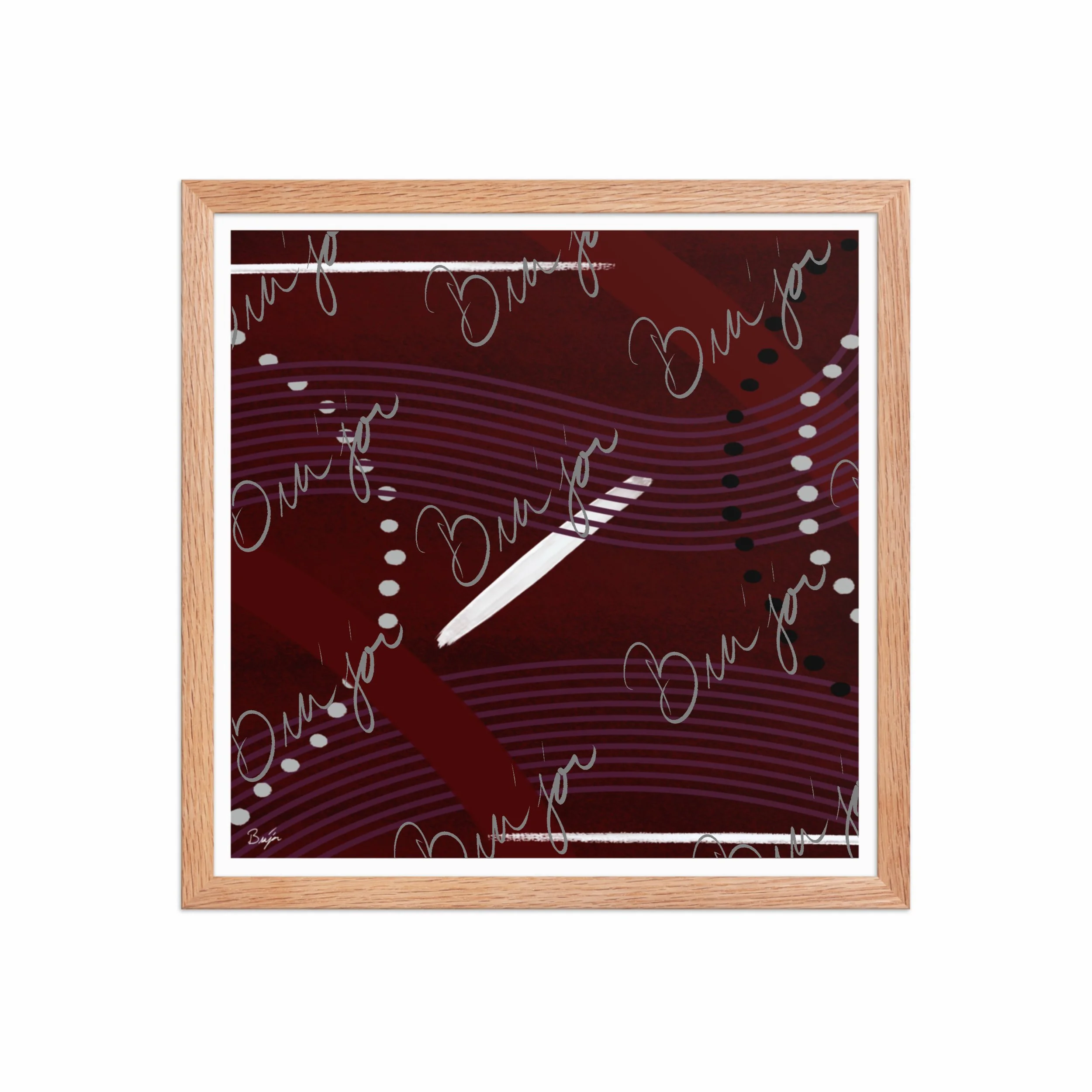 16x16 Red Oak Framed Abstract artwork titled Memories designed by the digital abstract artist Bra'jor. Artwork includes the colors Black, White, Maroon, Purple, and Gray