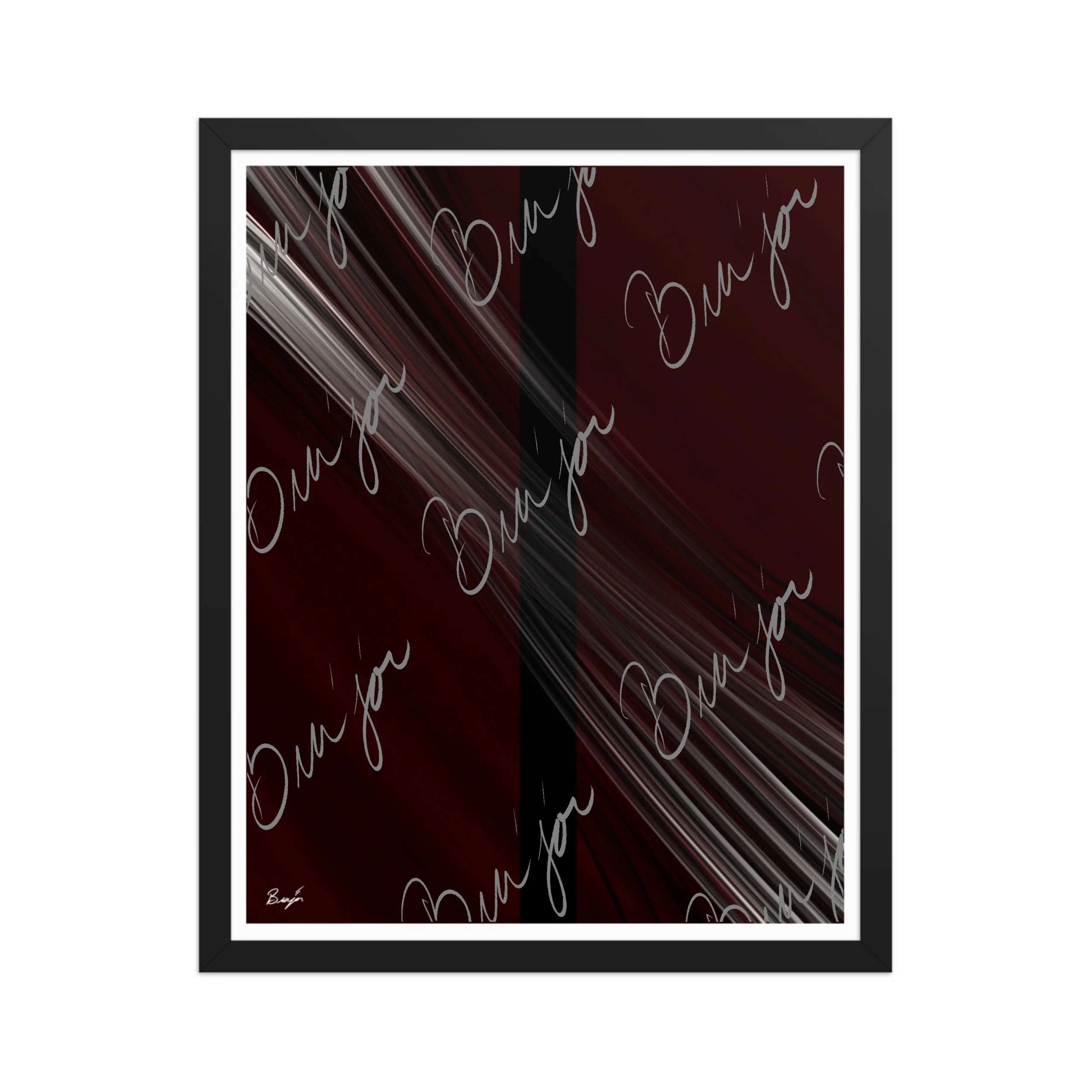 16x20 Black Framed abstract artwork titled Still Standing designed by the digital abstract artist Bra'jor. Artwork includes the colors Maroon, Red, Black, and White