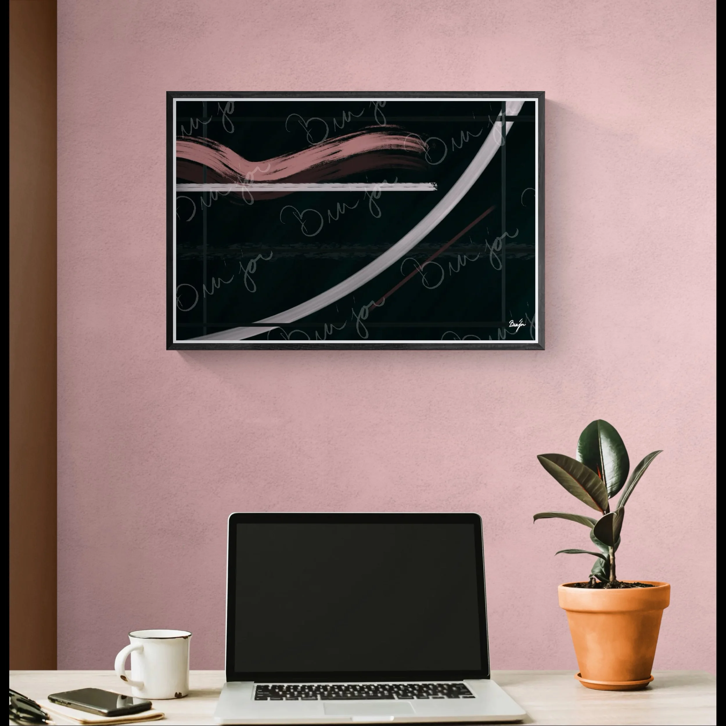 Framed Abstract artwork titled Together designed by the digital abstract artist Bra'jor. Artwork includes the colors Brown, Pink, Green, and White