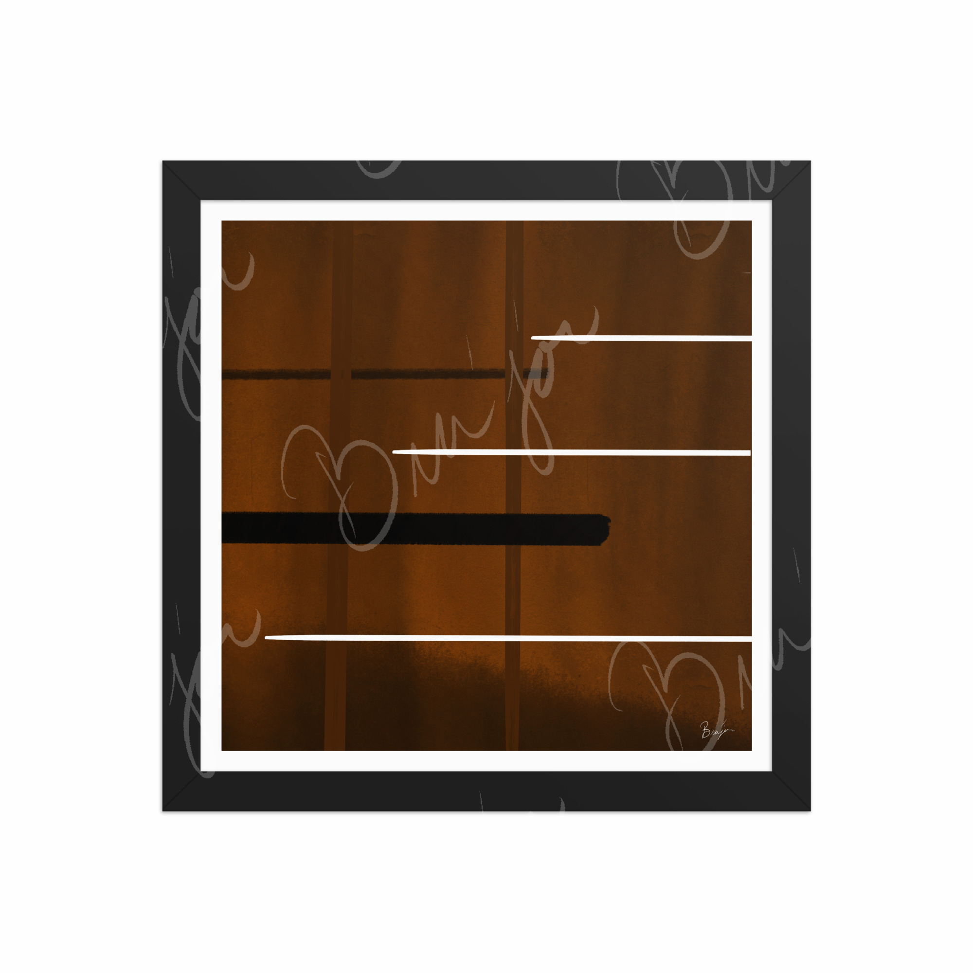 12x12 Black Framed Abstract artwork titled Steps designed by the digital abstract artist Bra'jor. Artwork includes the colors Brown, Black, and White