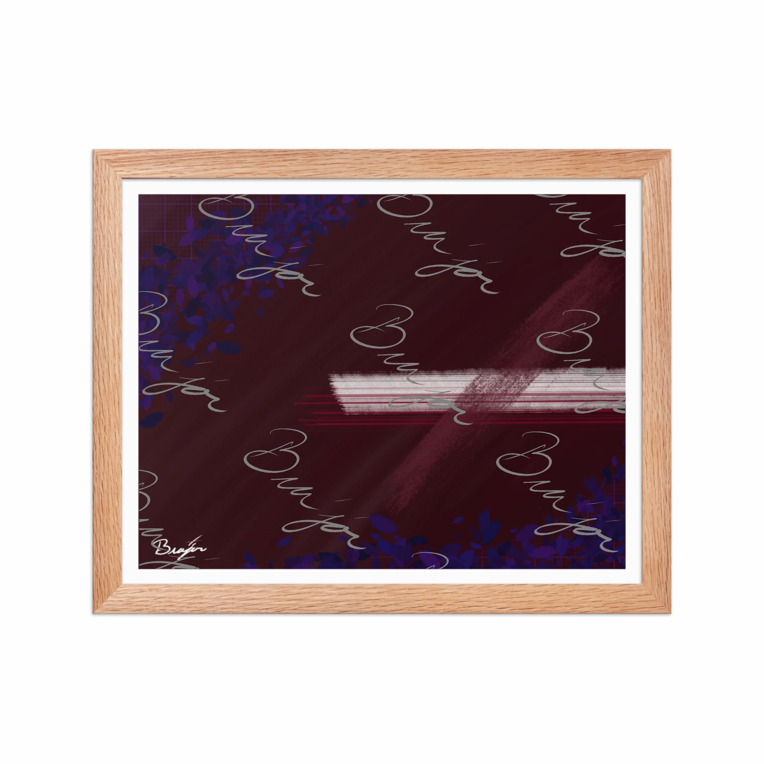 11x14 Red Oak framed abstract artwork titled Guarded designed by the digital abstract artist Bra'jor. Artwork includes the colors Maroon, Black, Blue, and White