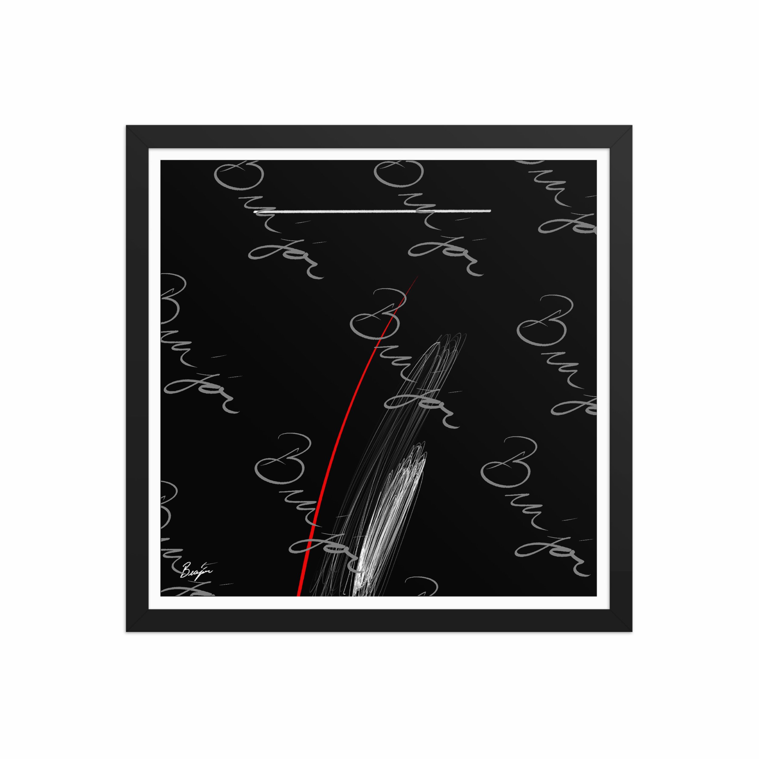 16x16 Black Framed Self Titled Abstract artwork ‘Bra’jor’ designed by the digital abstract artist Bra'jor. Artwork includes the colors Black, Red, and White