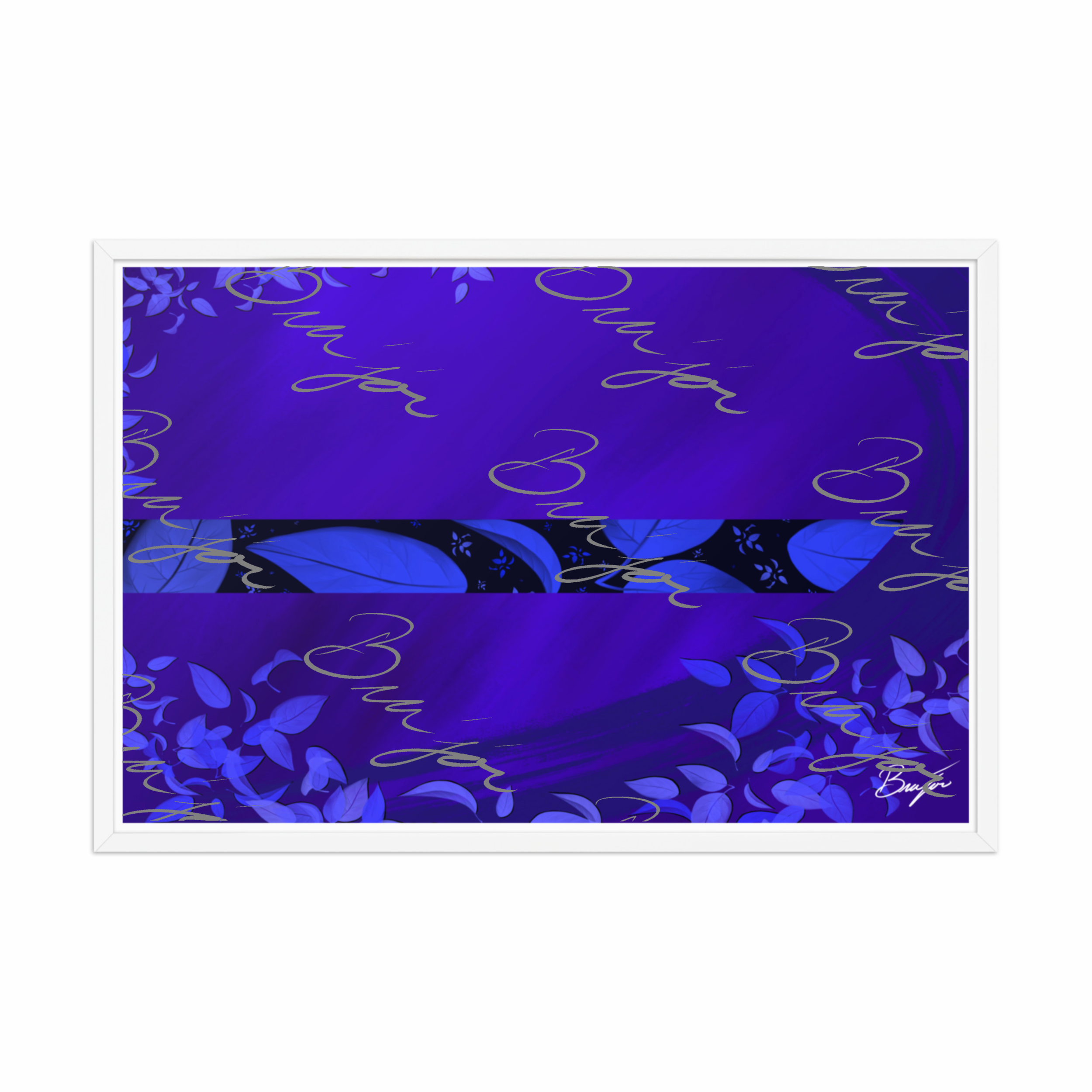 24x36 White Framed abstract artwork titled A Moment designed by the digital abstract artist Bra'jor. Artwork includes the colors Blue, Black, and Purple