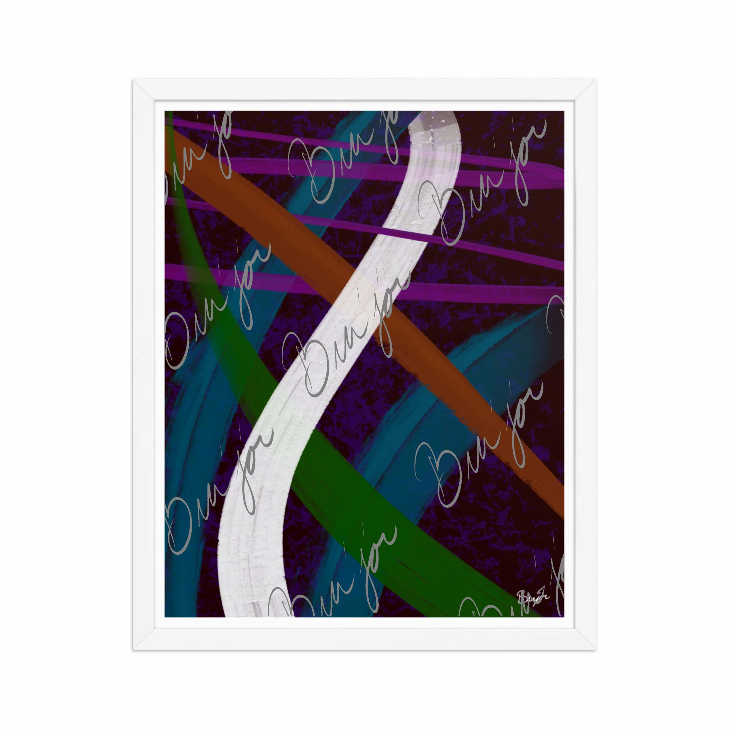 16x20 White Framed Abstract artwork titled Adventures designed by the digital abstract artist Bra'jor. Artwork includes the colors Purple, Blue, Orange, and White