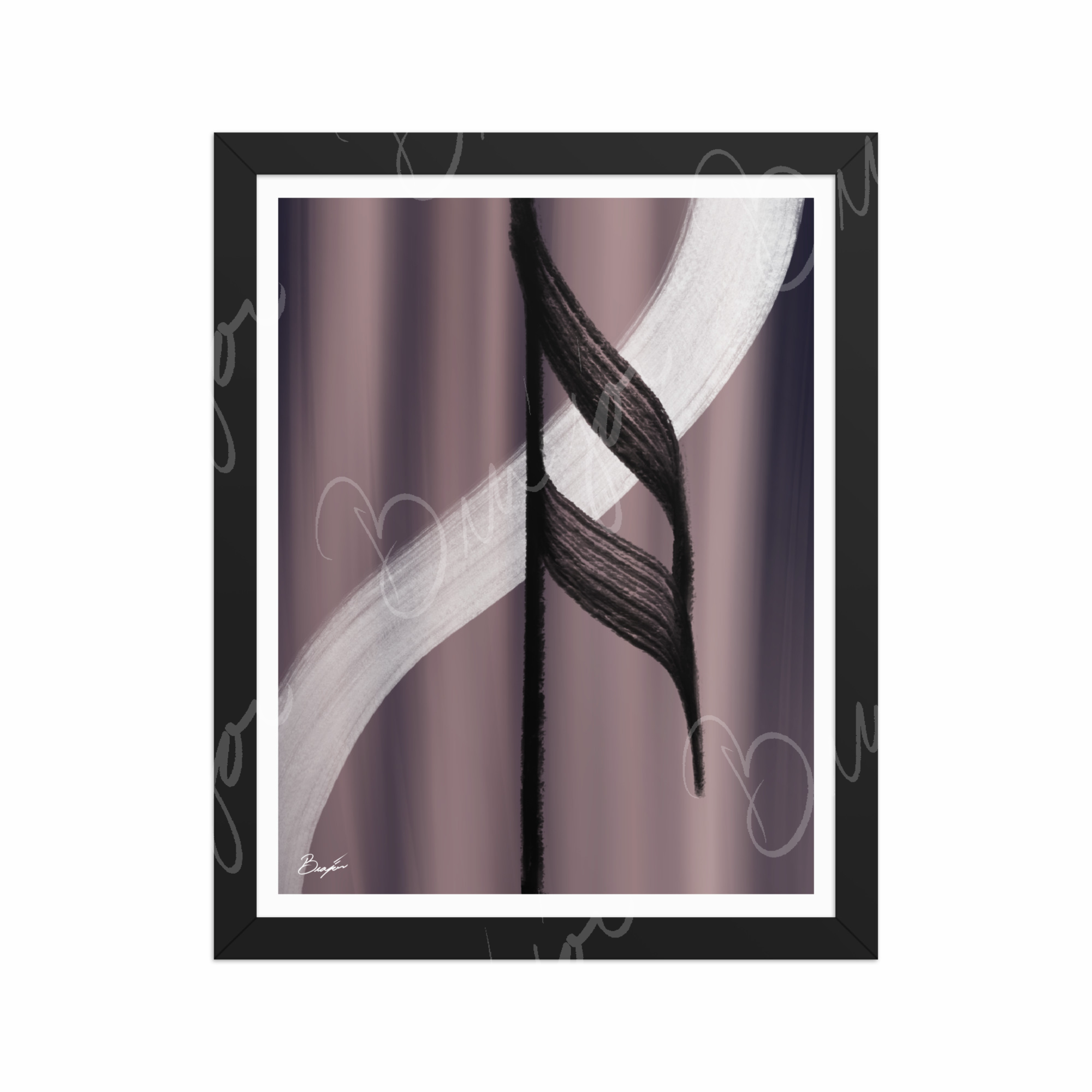 11x14 Black Framed Abstract artwork titled A Beat designed by the digital abstract artist Bra'jor. Artwork includes the colors Black, White, Gray, violet, and Mauve