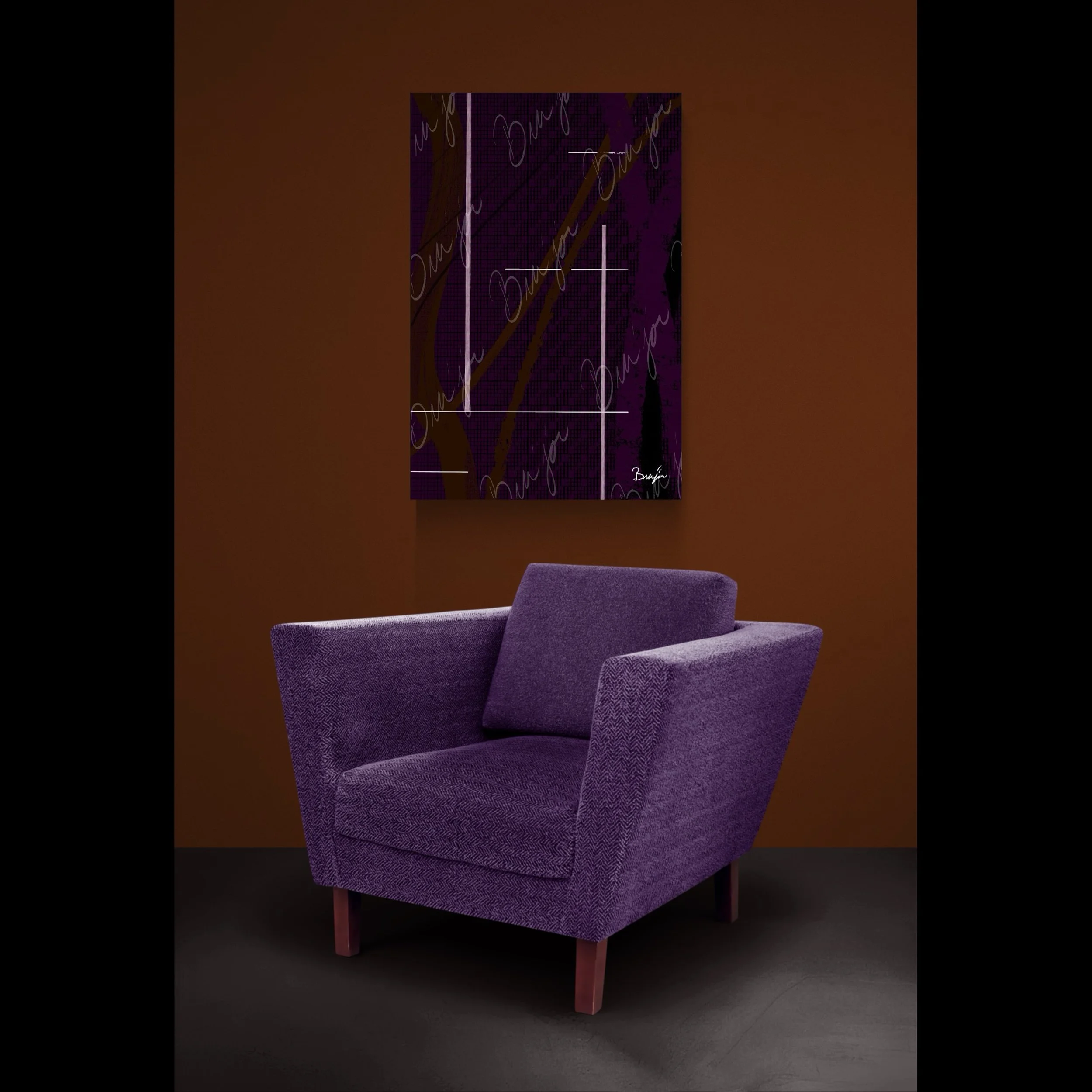 Abstract artwork titled Out of the Box designed by the digital abstract artist Bra'jor. Artwork includes the colors Purple, Brown, Black, and White