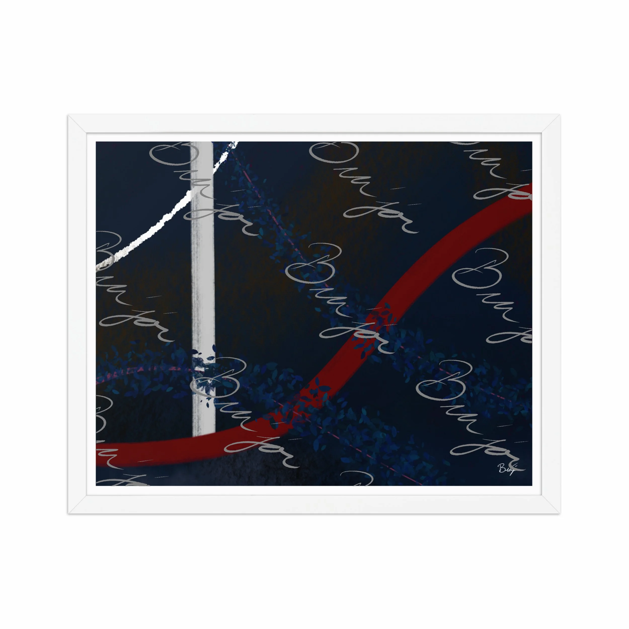 16x20 White Framed abstract artwork titled Gloomy II designed by the digital abstract artist Bra'jor. Artwork includes the colors Blue, Red, White, Pink, and Black
