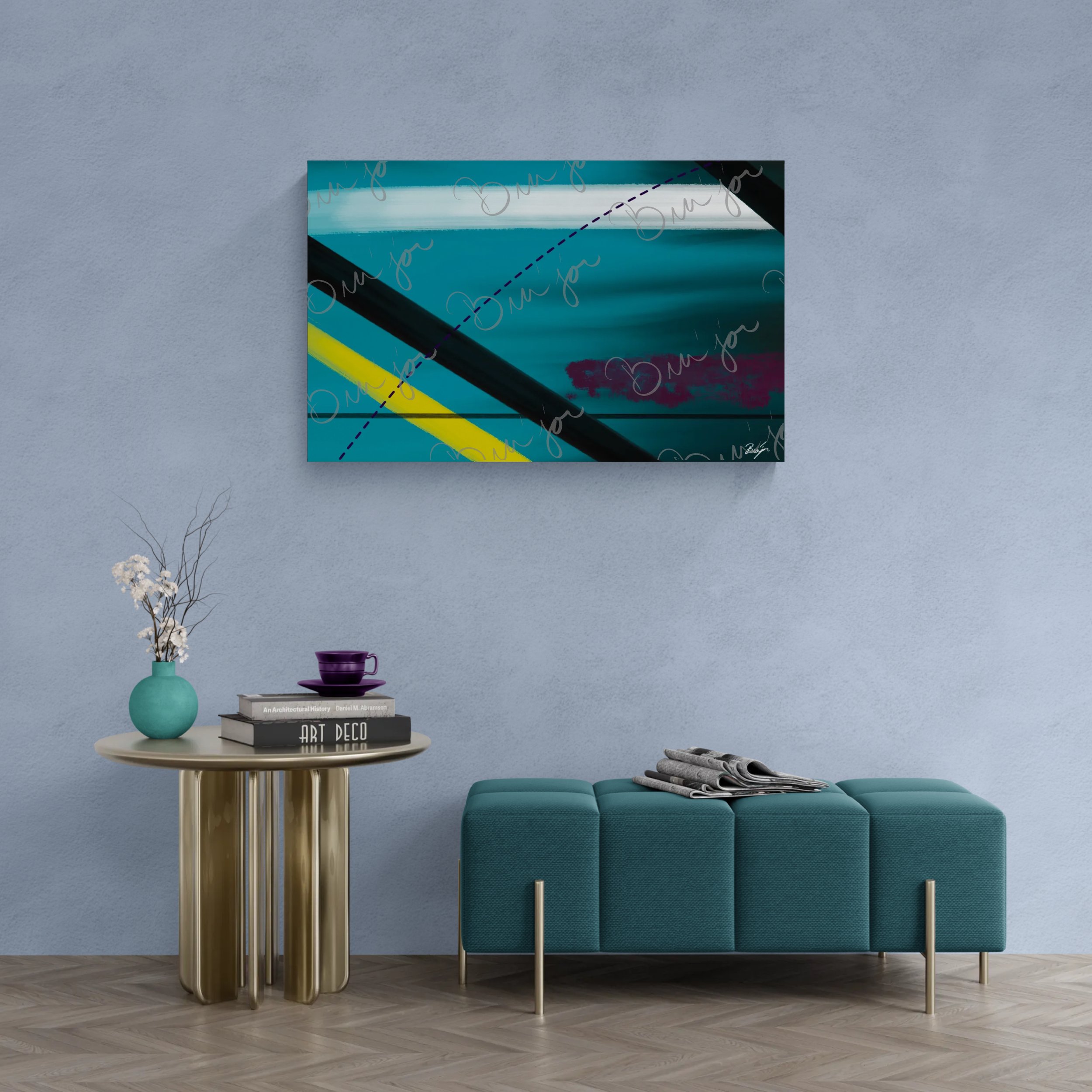 Canvas Abstract artwork titled First designed by the digital abstract artist Bra'jor. Artwork includes the colors Blue, Yellow, Black, Purple, and White