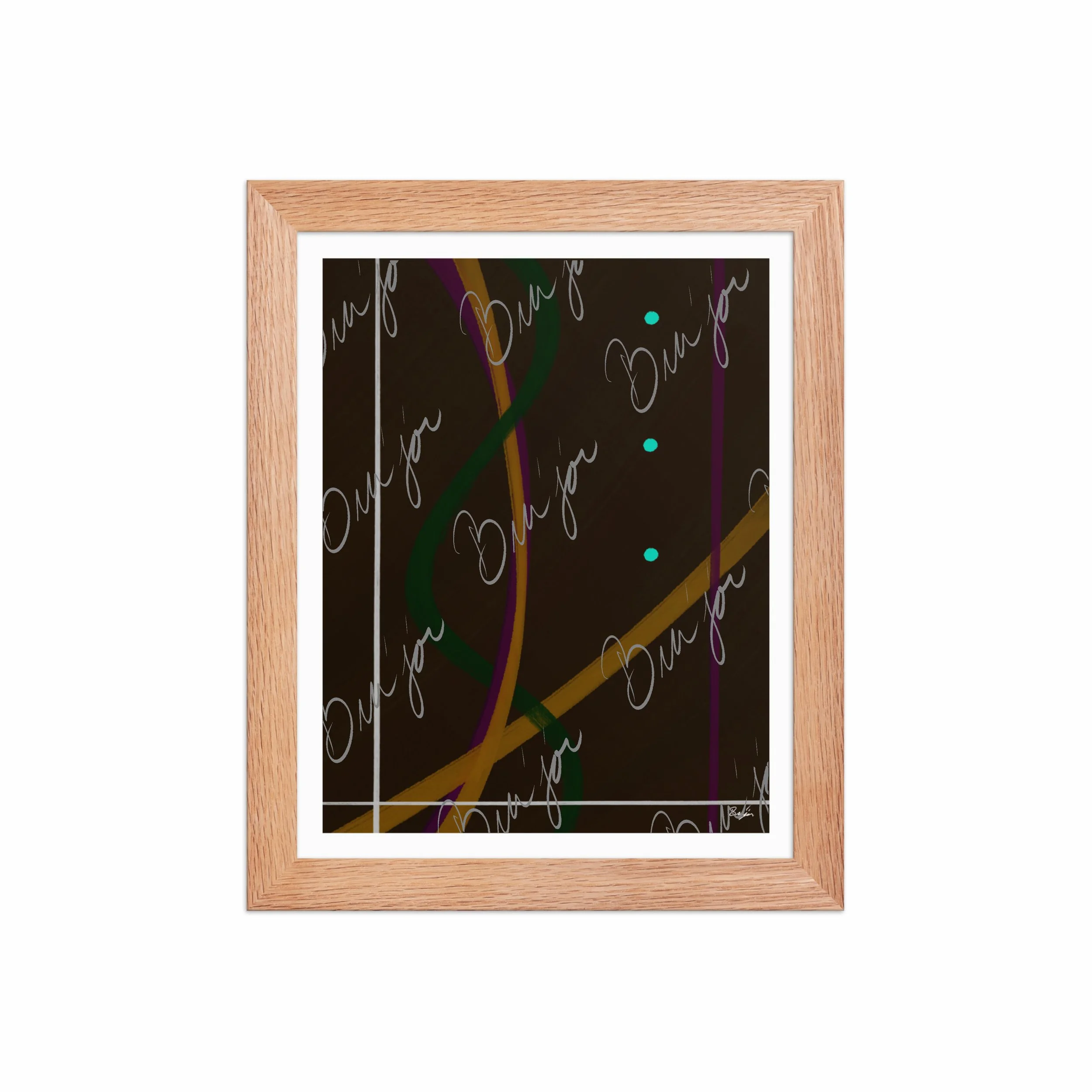 8x10 Red Oak Framed Abstract artwork titled Button Up designed by the digital abstract artist Bra'jor. Artwork includes the colors Orange, Purple, Green, White, and Brown