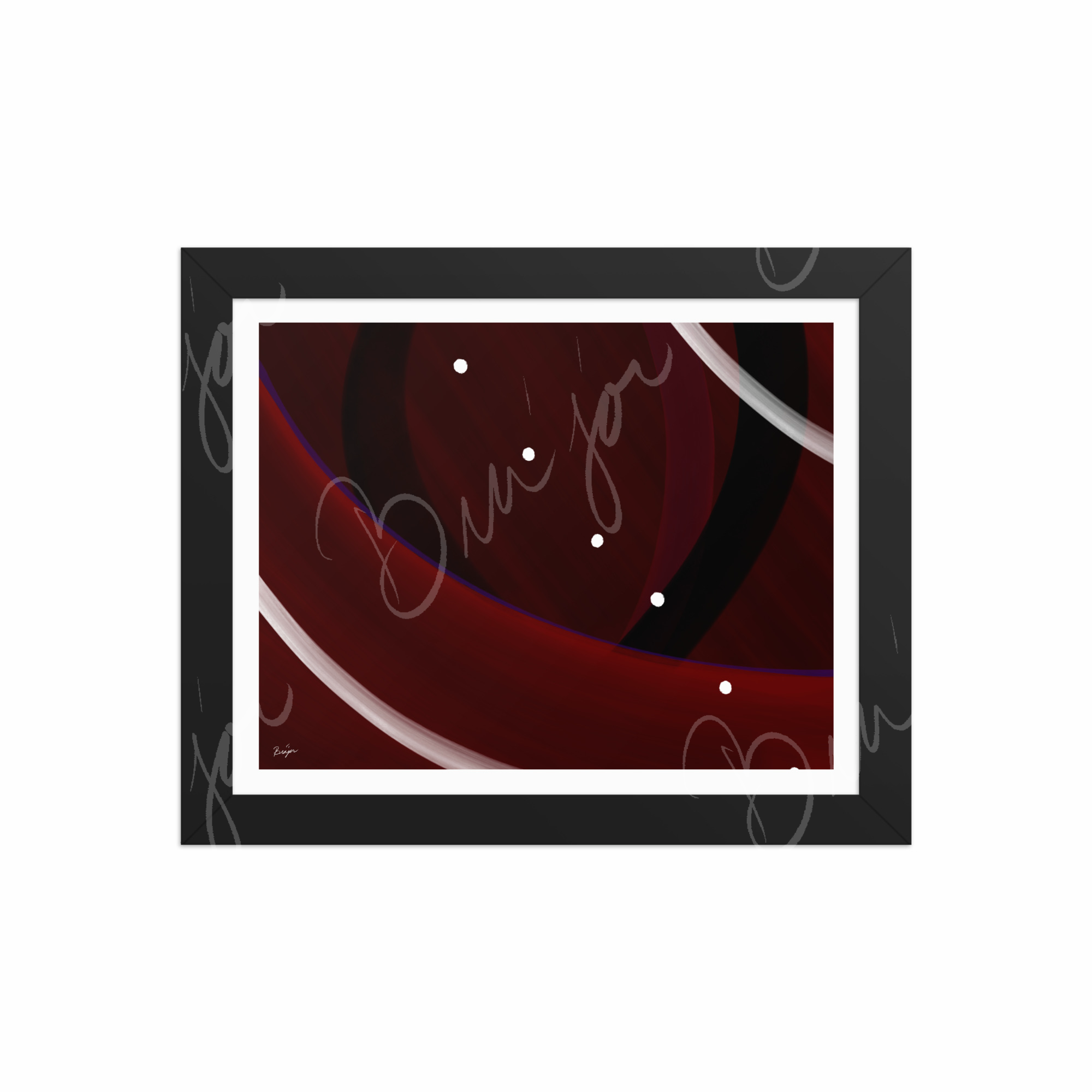 8x10 Black Framed Abstract artwork titled Trail Back designed by the digital abstract artist Bra'jor. Artwork includes the colors Red, Black, Purple, and White