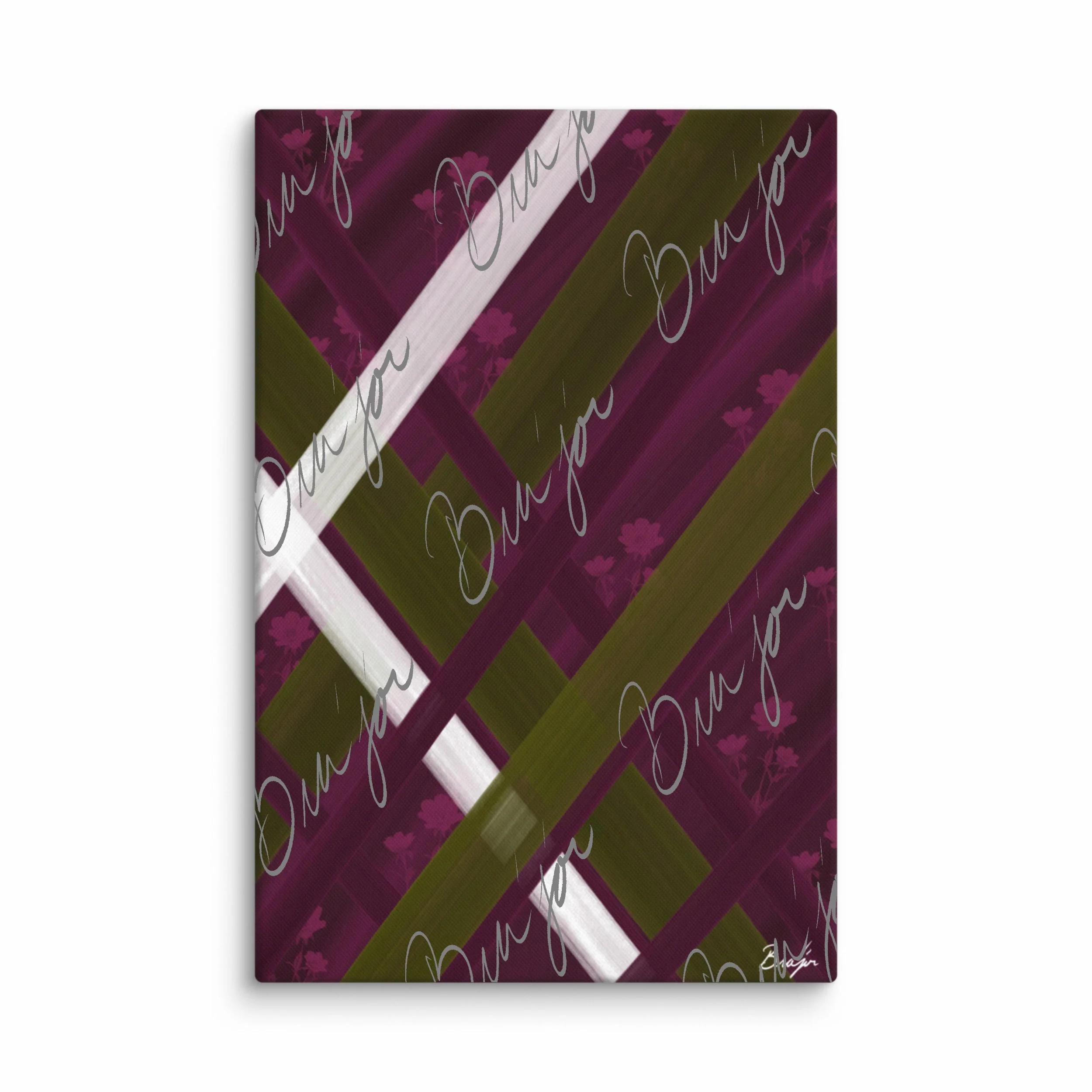 24x36 Canvas abstract artwork titled Complex designed by the digital abstract artist Bra'jor. Artwork includes the colors Purple, Pink, Olive Green, and White
