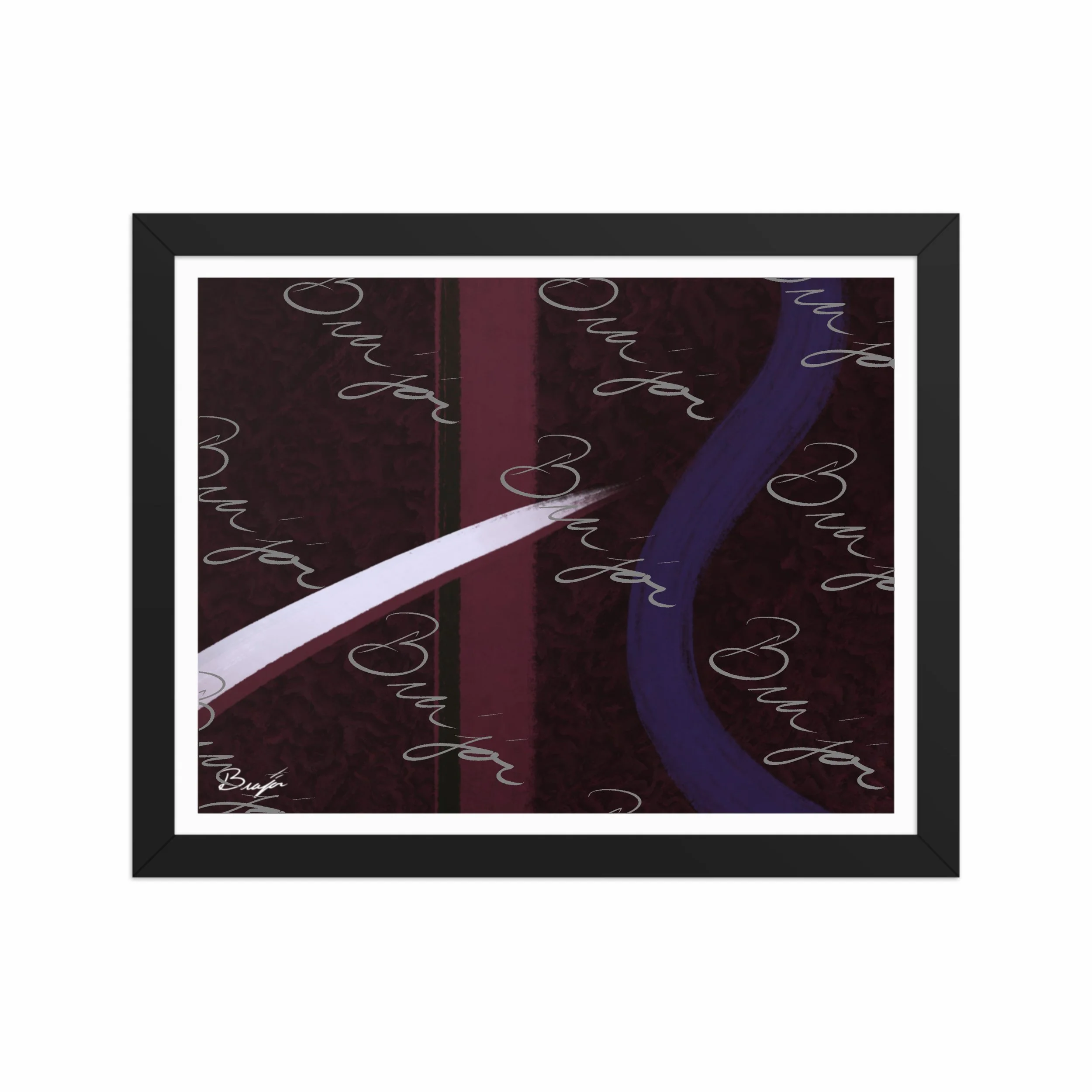 11x14 Black Framed abstract artwork titled The Walk designed by the digital abstract artist Bra'jor. Artwork includes the colors Maroon, Black, Purple, and White