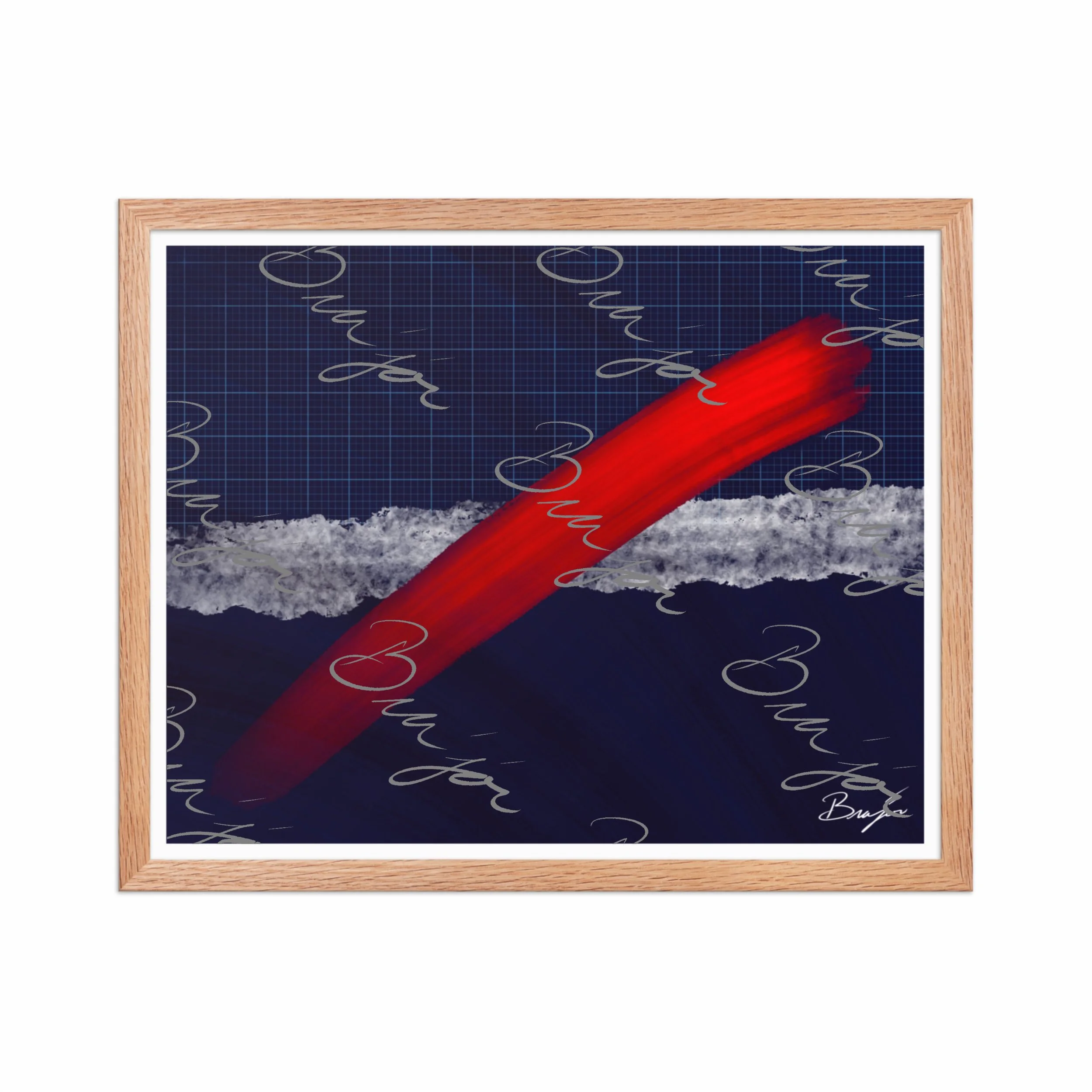 16x20 Red Oak Framed abstract artwork titled Strike designed by the digital abstract artist Bra'jor. Artwork includes the colors Red, Blue, white, and Gray