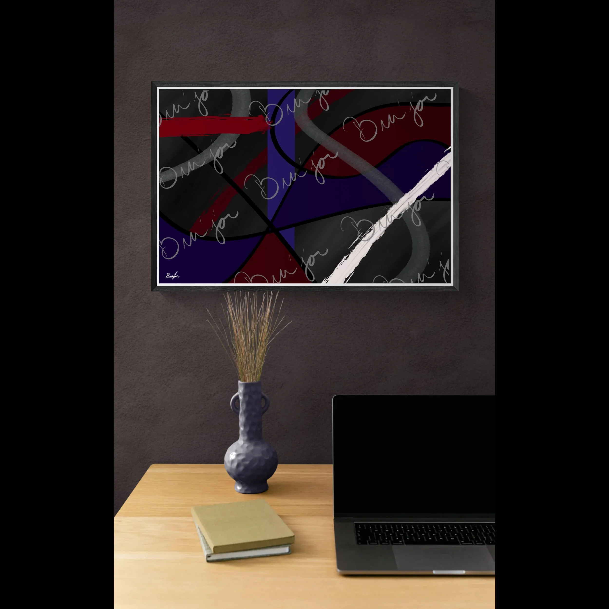 Framed Abstract artwork titled Different designed by the digital abstract artist Bra'jor. Artwork includes the colors Purple, Blue, Red, Gray, and Black