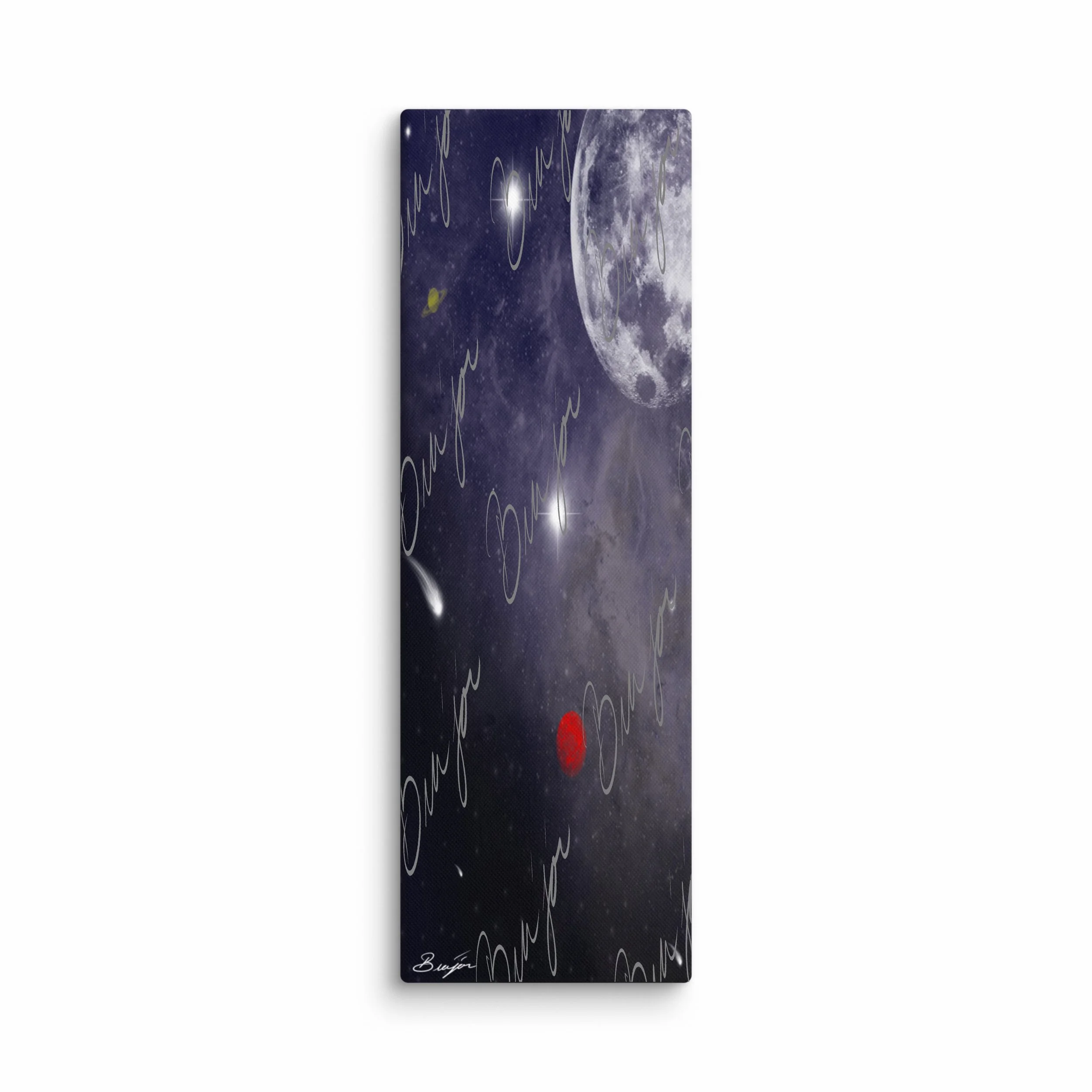 12x36 Abstract canvas artwork titled Out There designed by the digital abstract artist Bra'jor. Artwork includes the colors White, Gray, Red, Black, and Yellow