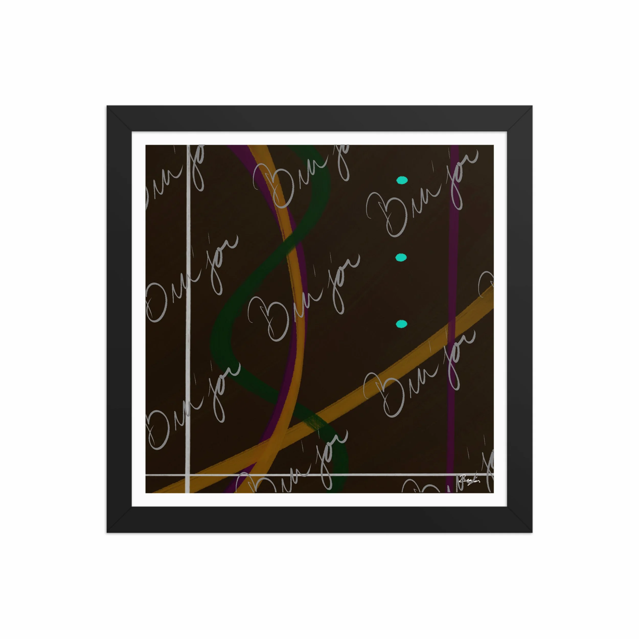 12x12 Black Framed Abstract artwork titled Button Up designed by the digital abstract artist Bra'jor. Artwork includes the colors Orange, Purple, Green, White, and Brown