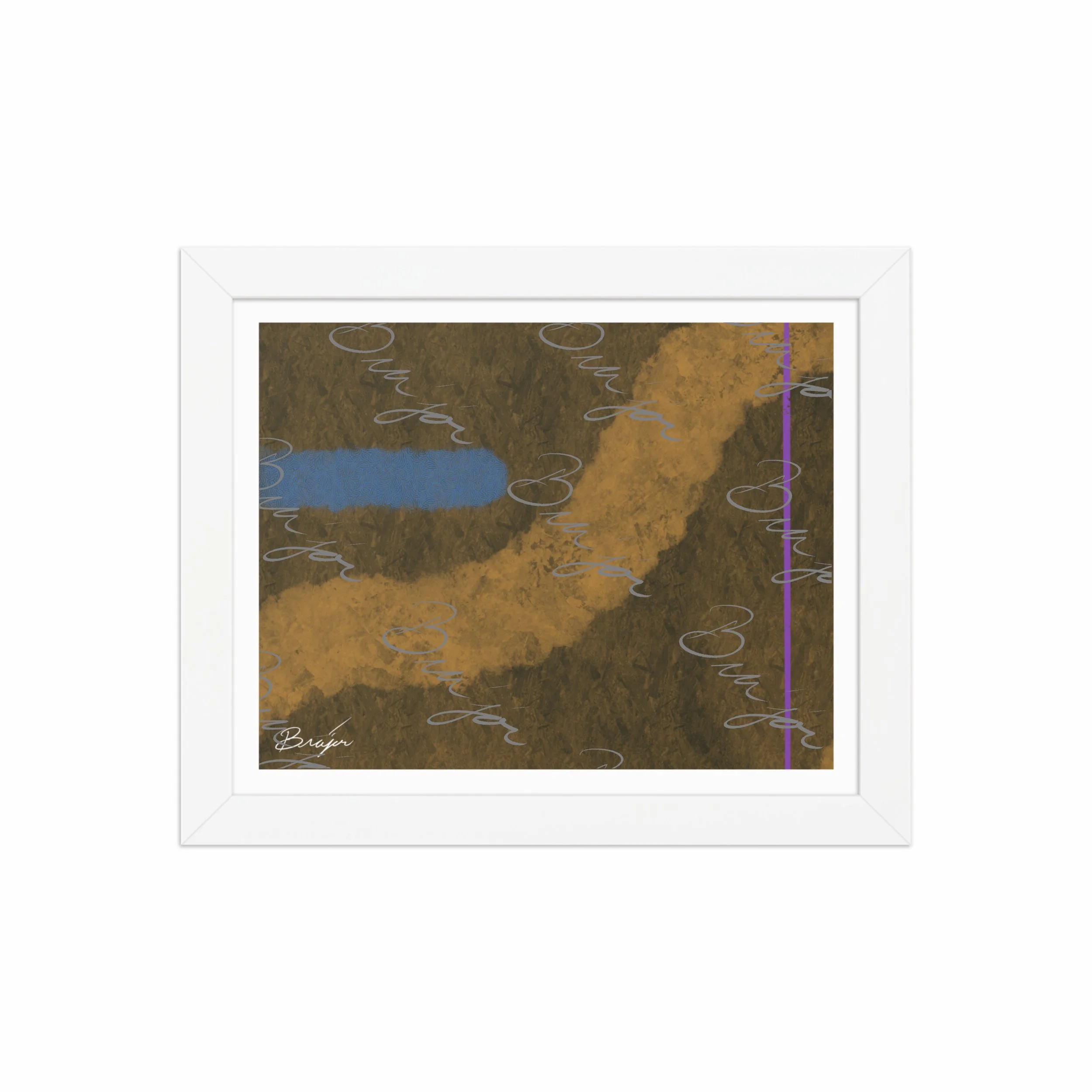 8x10 White Framed abstract artwork titled Gentle designed by the digital abstract artist Bra'jor. Artwork includes the colors Blue, Brown, Tan, Dark Green, and Purple