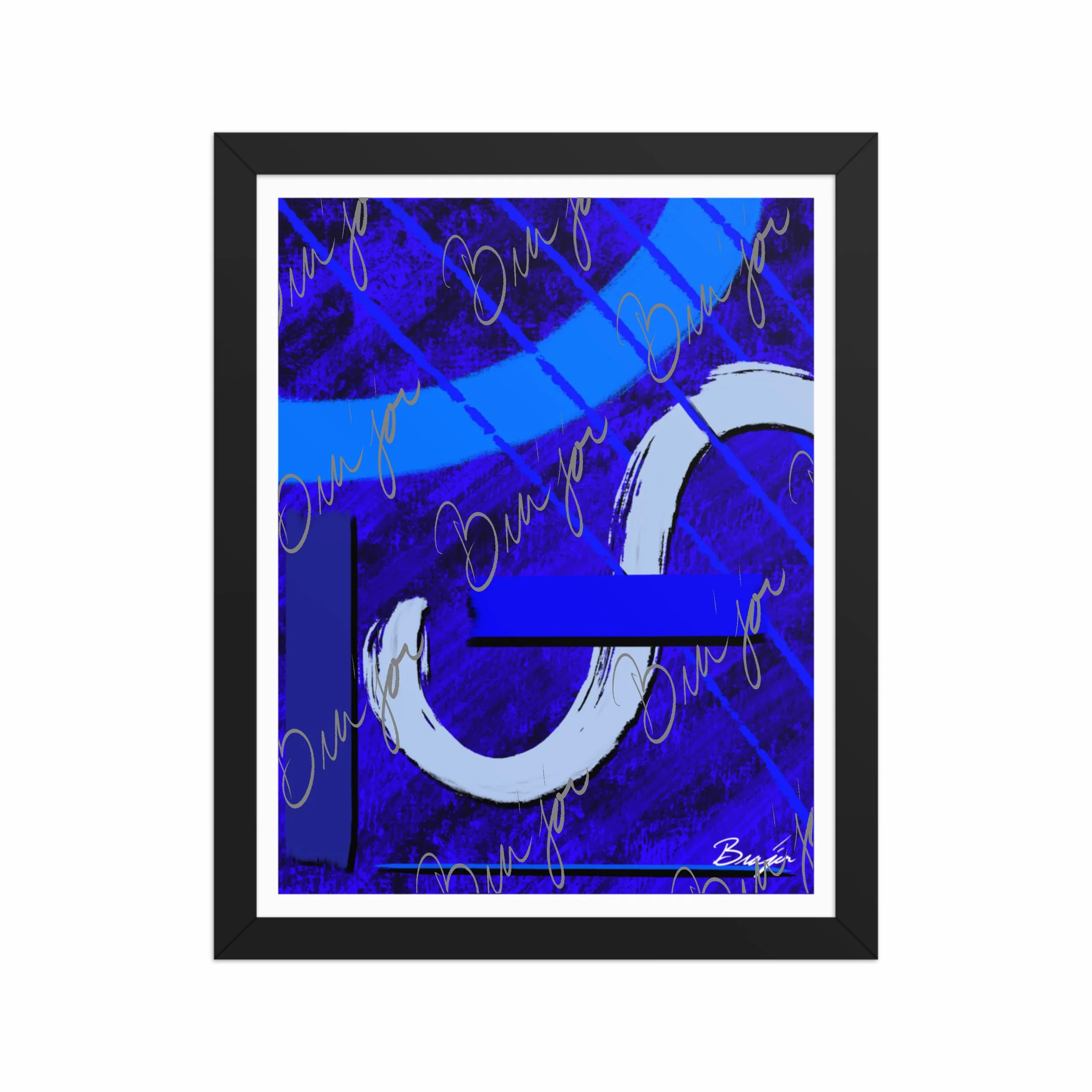11x14 Black Abstract artwork titled Undone designed by the digital abstract artist Bra'jor. Artwork includes the colors Blue, Black, Misty Blue, and Navy