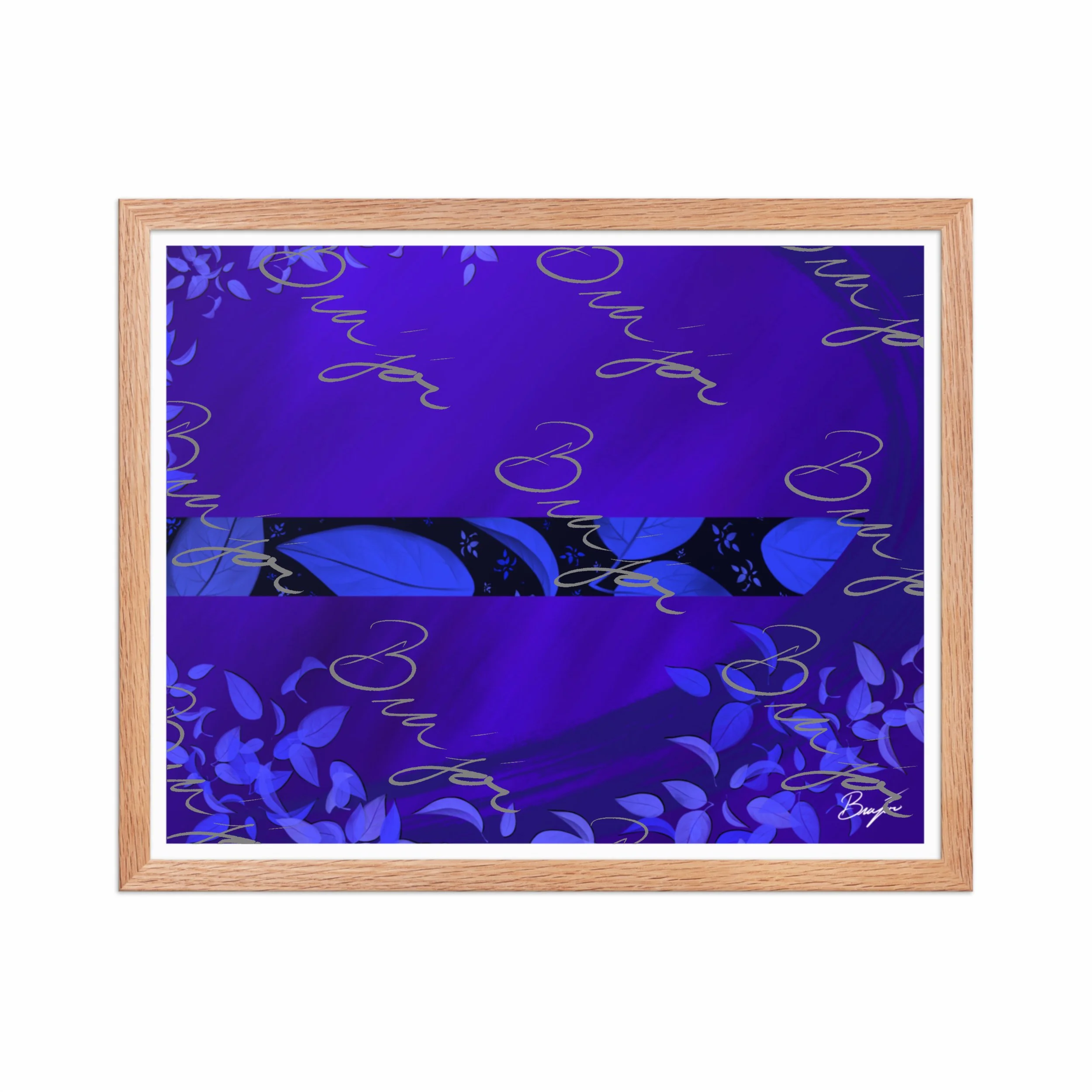 16x20 Red Oak Framed abstract artwork titled A Moment designed by the digital abstract artist Bra'jor. Artwork includes the colors Blue, Black, and Purple