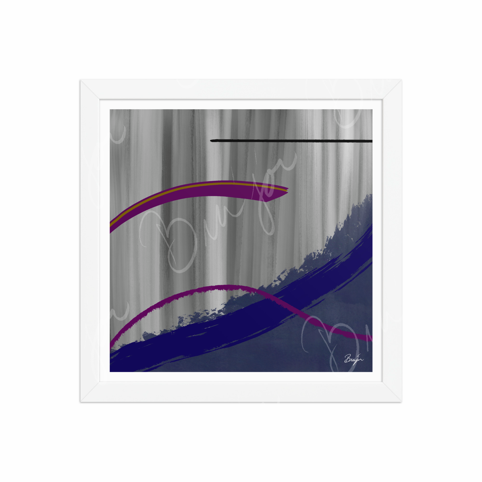 12x12 White Framed Abstract artwork titled Reworking designed by the digital abstract artist Bra'jor. Artwork includes the colors Purple, Gray, Blue, Mustard Yellow, and Black