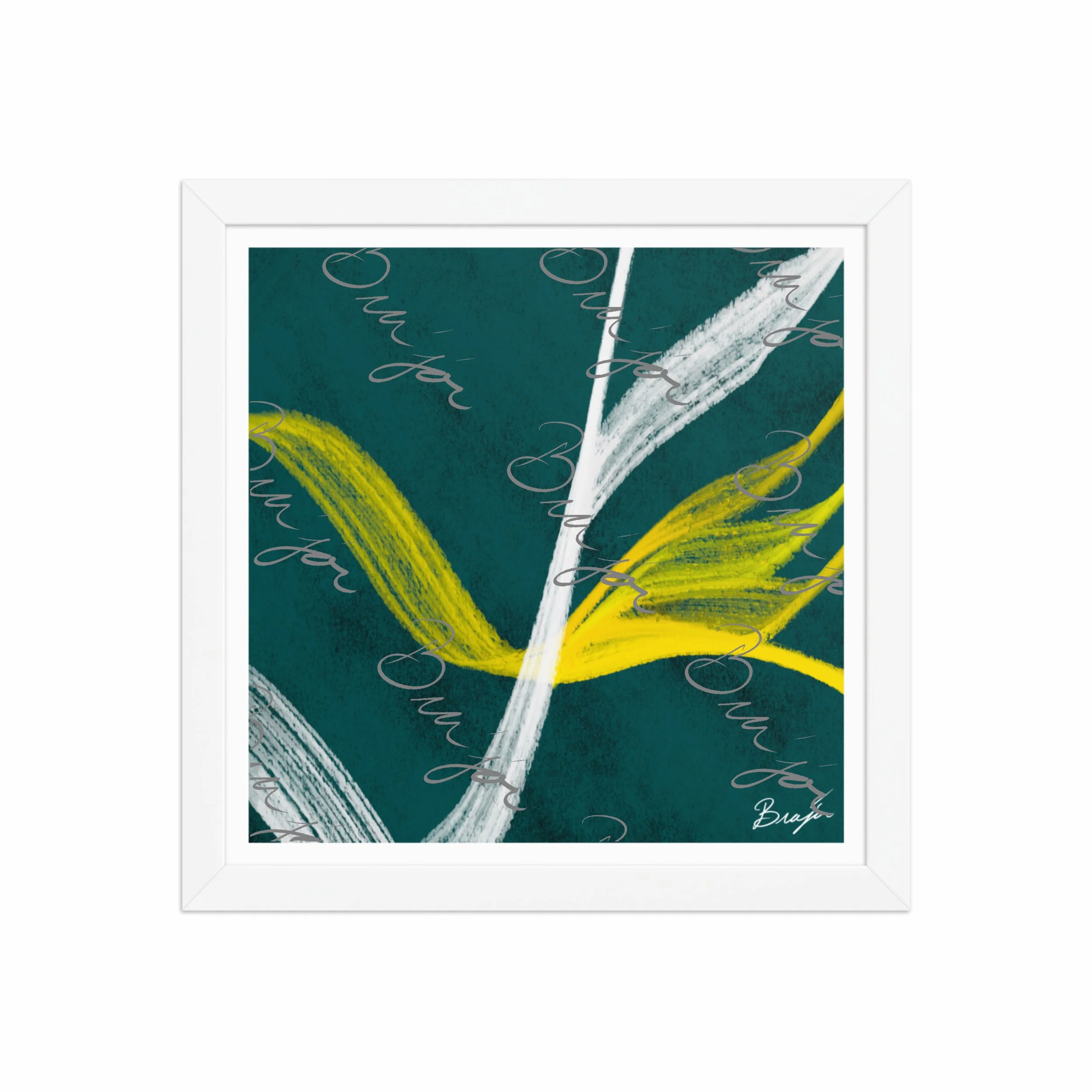 12x12 White Framed abstract artwork titled Beginnings designed by the digital abstract artist Bra'jor. Artwork includes the colors Yellow, Green, White, and Black