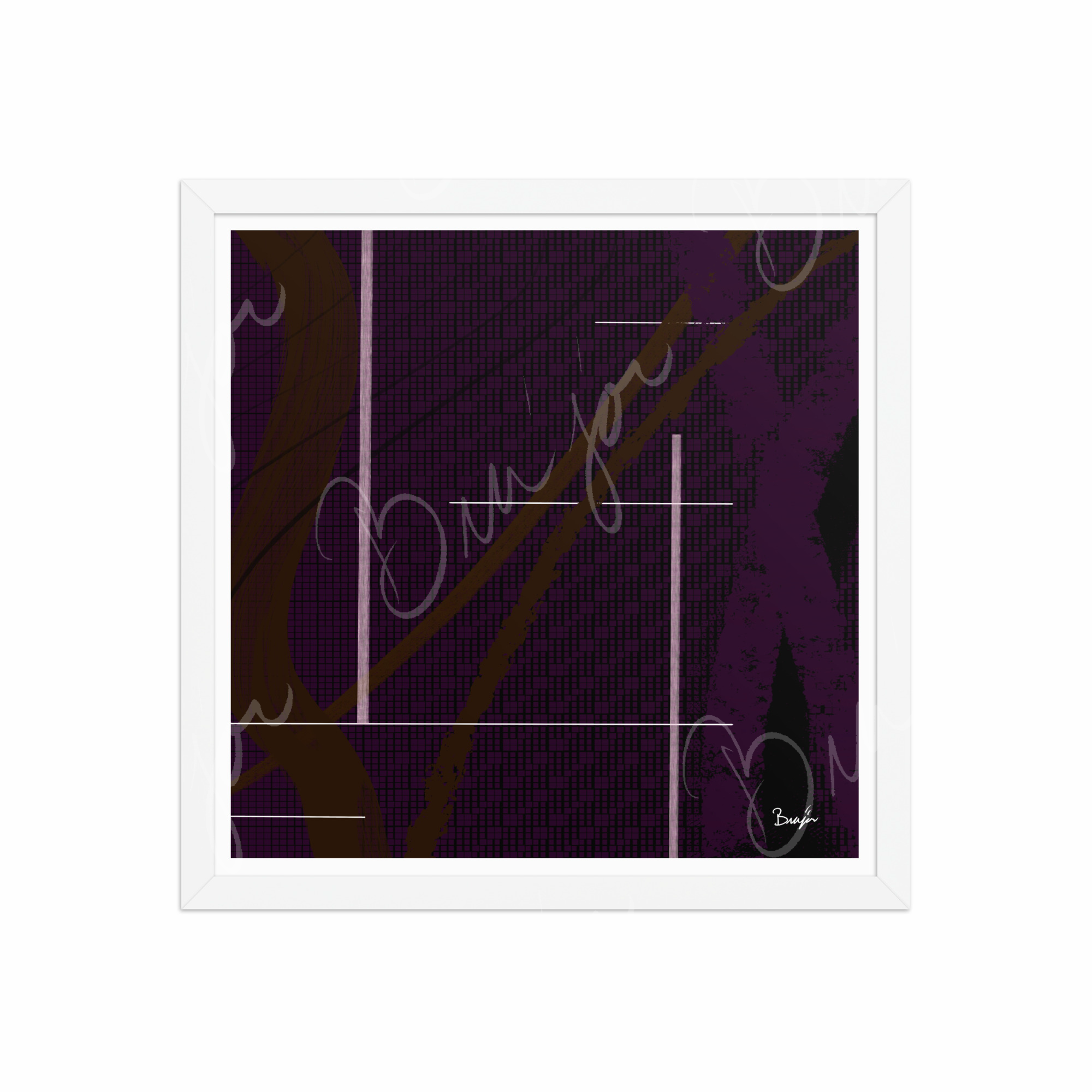 16x16 White Framed Abstract artwork titled Out of the Box designed by the digital abstract artist Bra'jor. Artwork includes the colors Purple, Brown, Black, and White