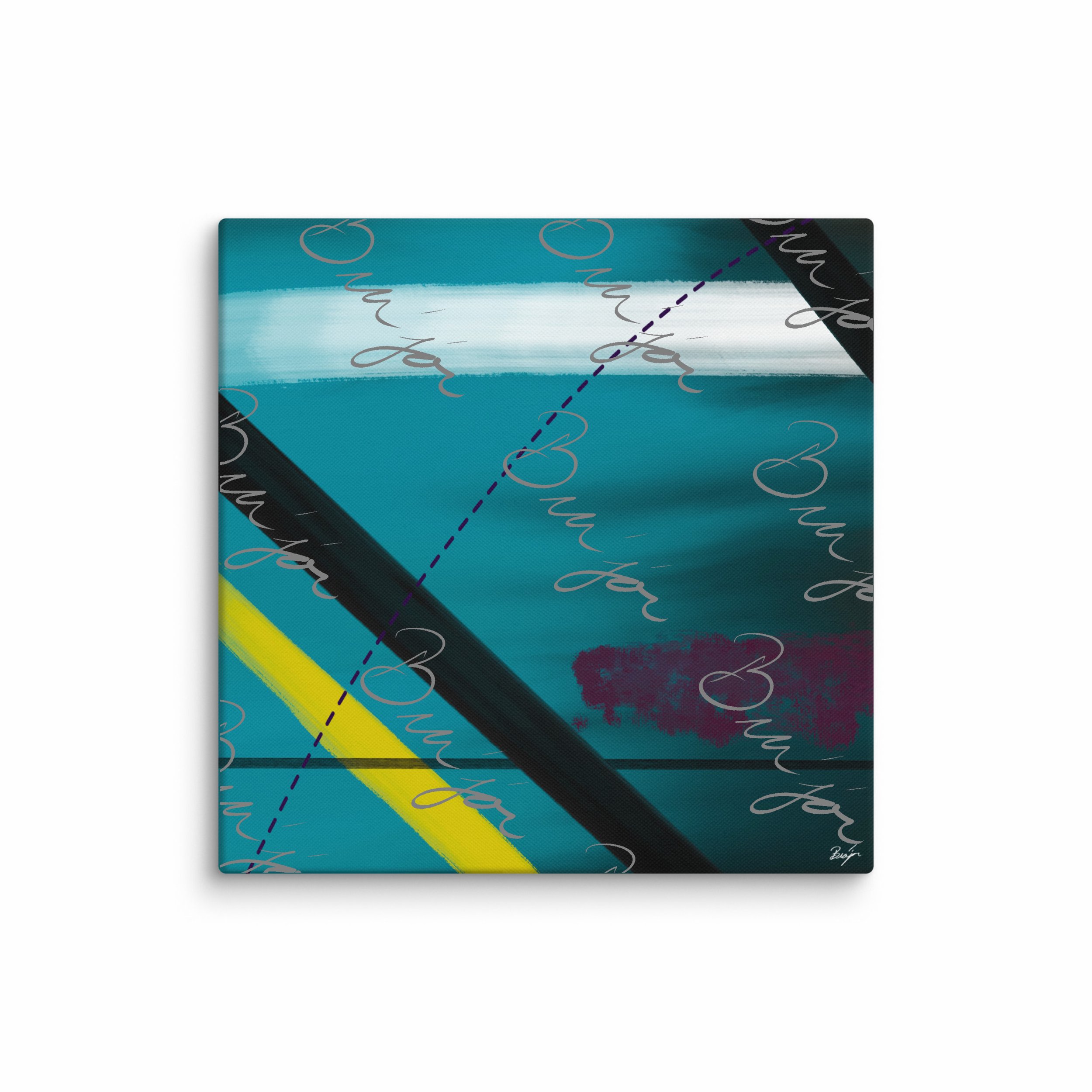 37x37 XL Canvas Abstract artwork titled First designed by the digital abstract artist Bra'jor. Artwork includes the colors Blue, Yellow, Black, Purple, and White