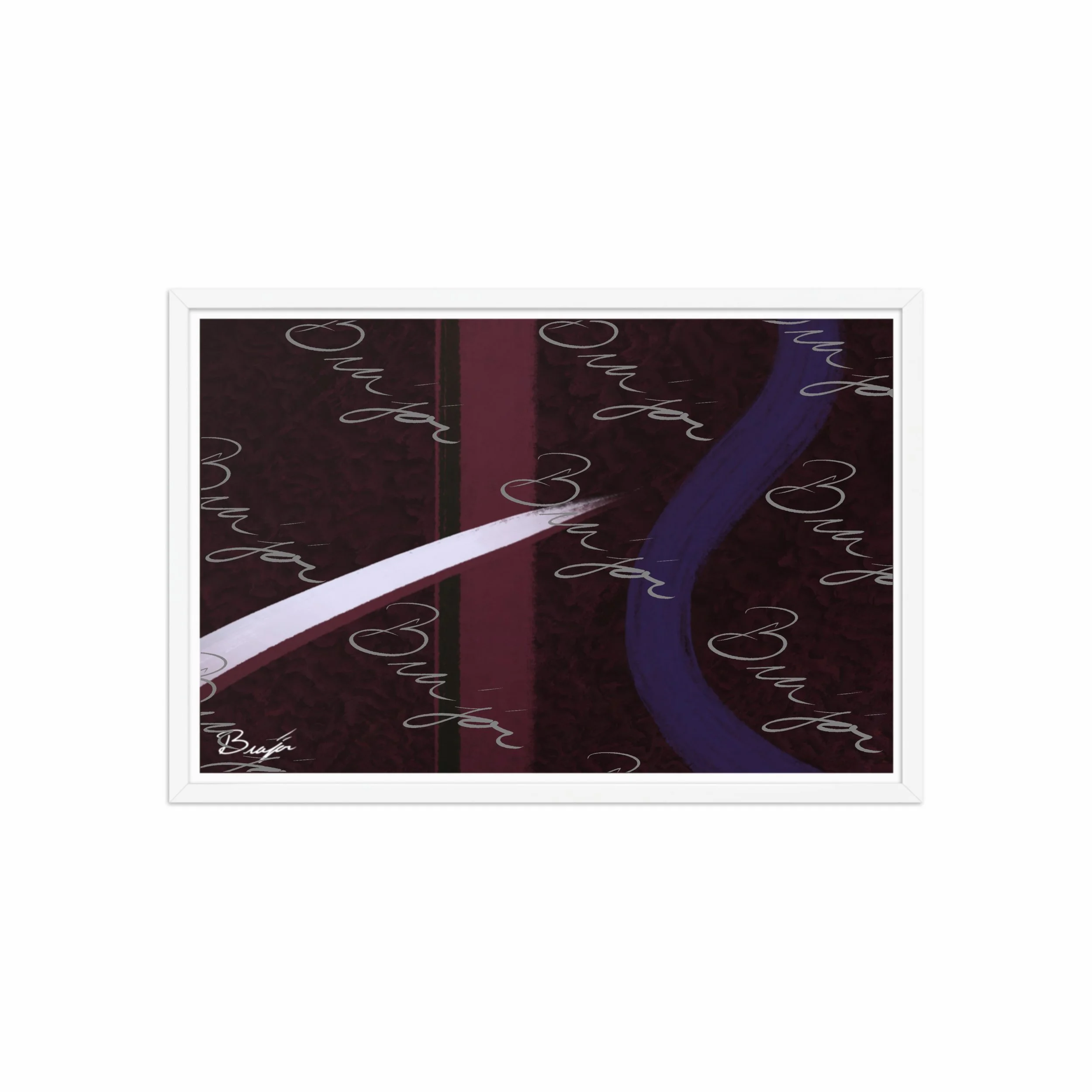 20x30 White Framed abstract artwork titled The Walk designed by the digital abstract artist Bra'jor. Artwork includes the colors Maroon, Black, Purple, and White