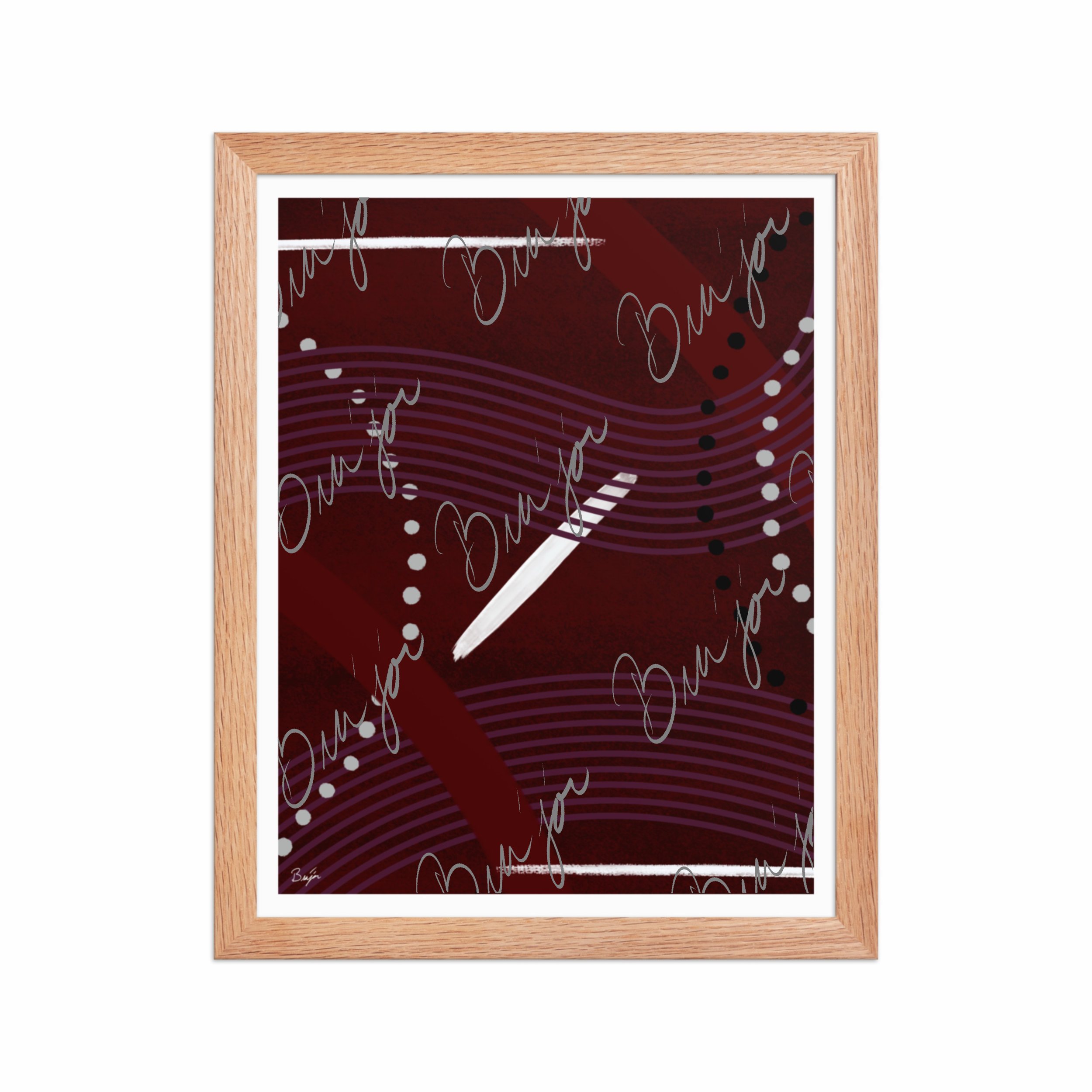 11x14 Red Oak Framed Abstract artwork titled Memories designed by the digital abstract artist Bra'jor. Artwork includes the colors Black, White, Maroon, Purple, and Gray
