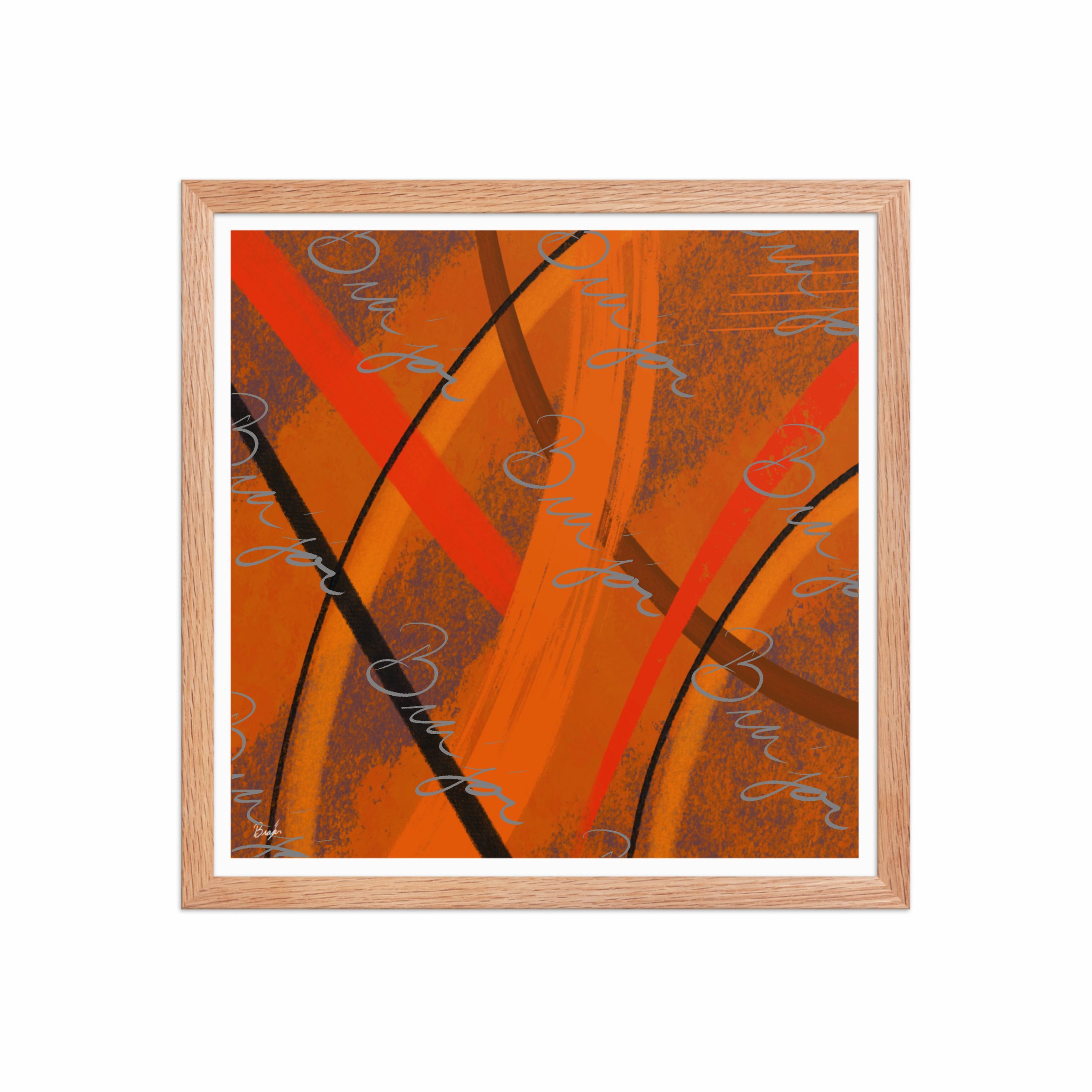 16x16 Red Oak Framed Abstract artwork titled Challenges designed by the digital abstract artist Bra'jor. Artwork includes the colors Orange, Brown, Blue, and Black