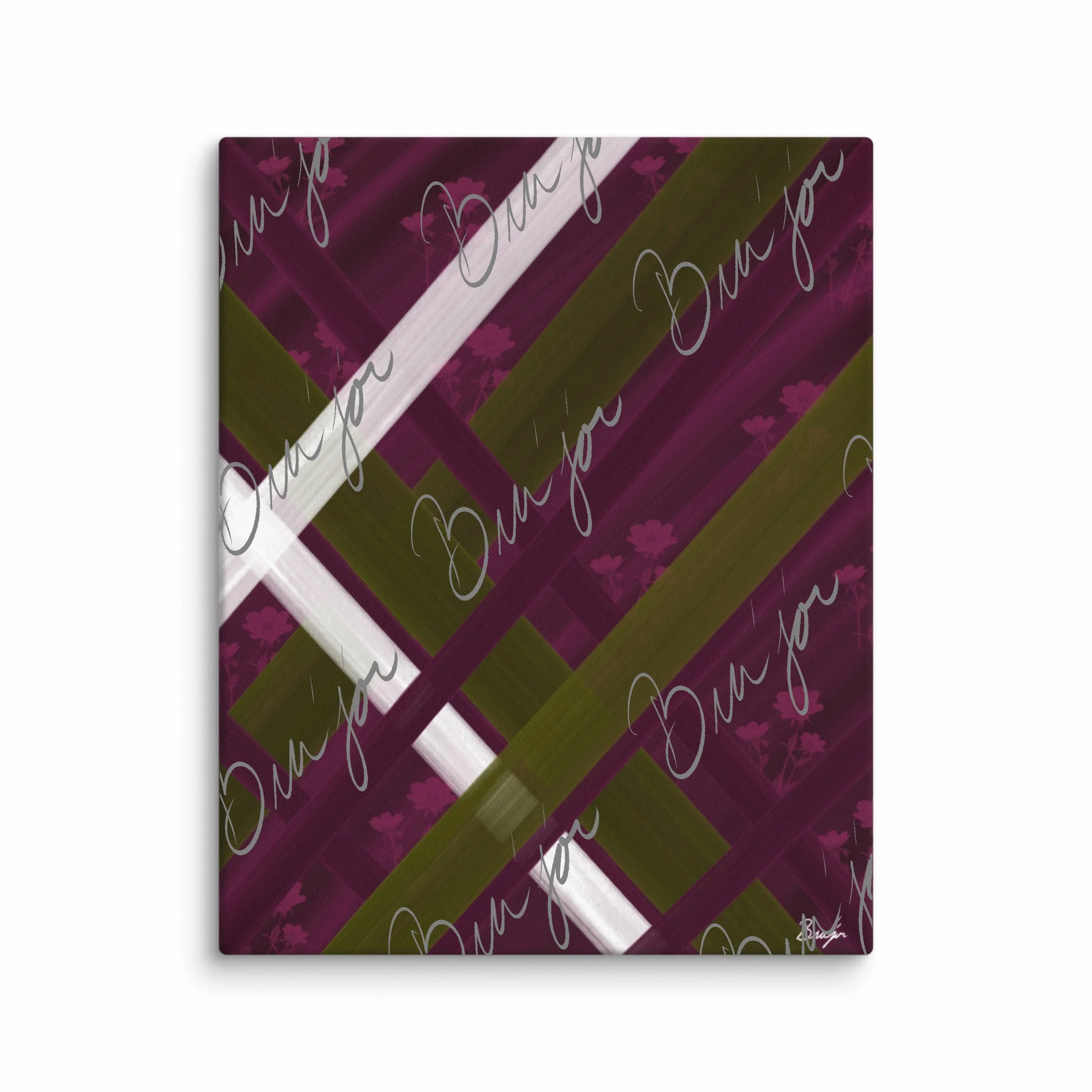 16x20 Canvas abstract artwork titled Complex designed by the digital abstract artist Bra'jor. Artwork includes the colors Purple, Pink, Olive Green, and White