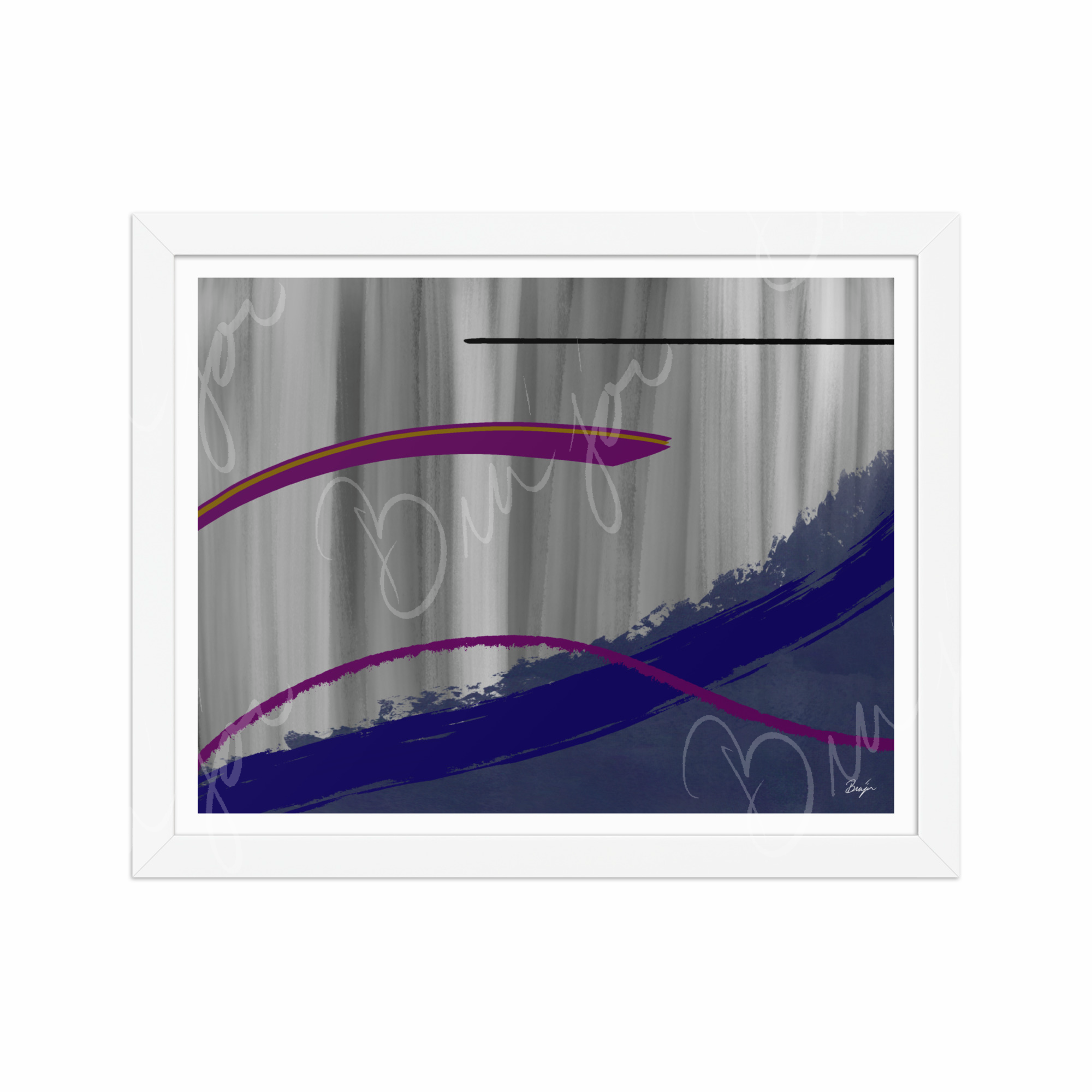 11x14 White Framed Abstract artwork titled Reworking designed by the digital abstract artist Bra'jor. Artwork includes the colors Purple, Gray, Blue, Mustard Yellow, and Black