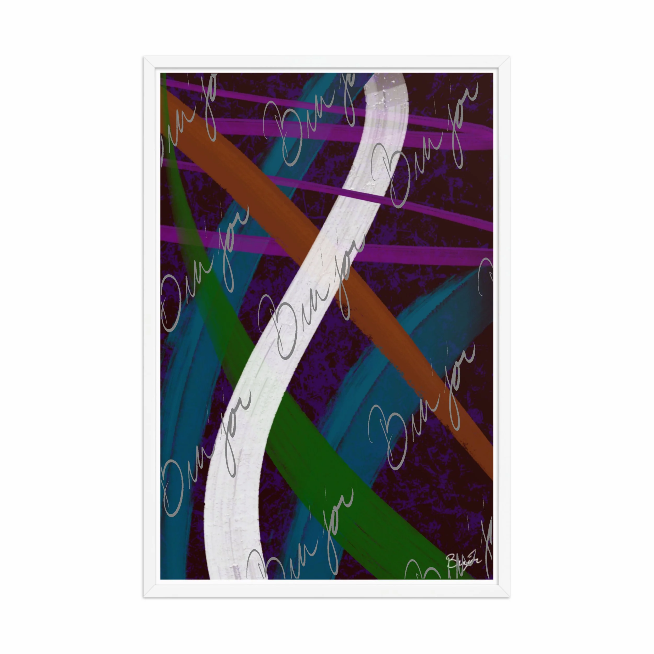 24x36 White Framed Abstract artwork titled Adventures designed by the digital abstract artist Bra'jor. Artwork includes the colors Purple, Blue, Orange, and White
