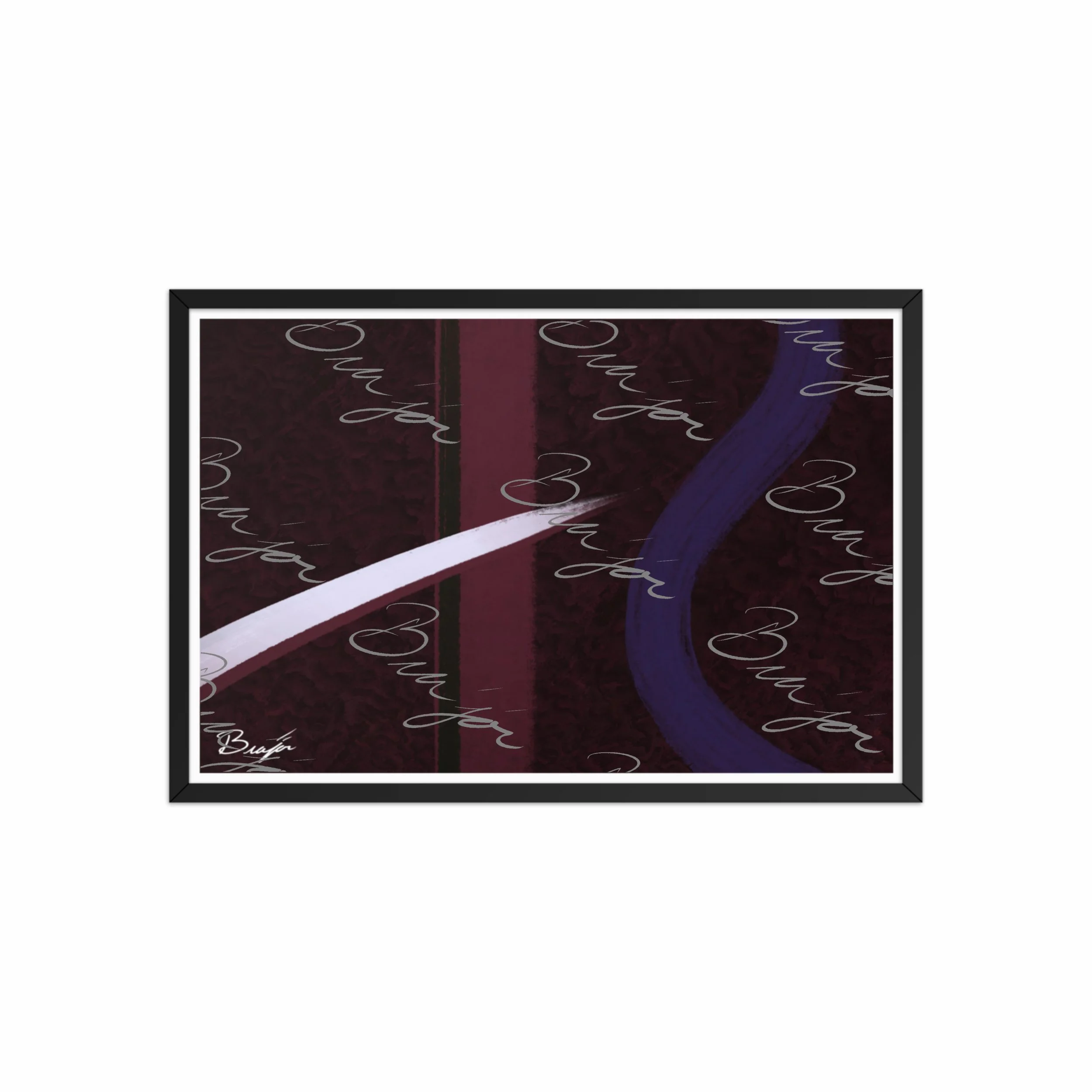 20x30 Black Framed abstract artwork titled The Walk designed by the digital abstract artist Bra'jor. Artwork includes the colors Maroon, Black, Purple, and White