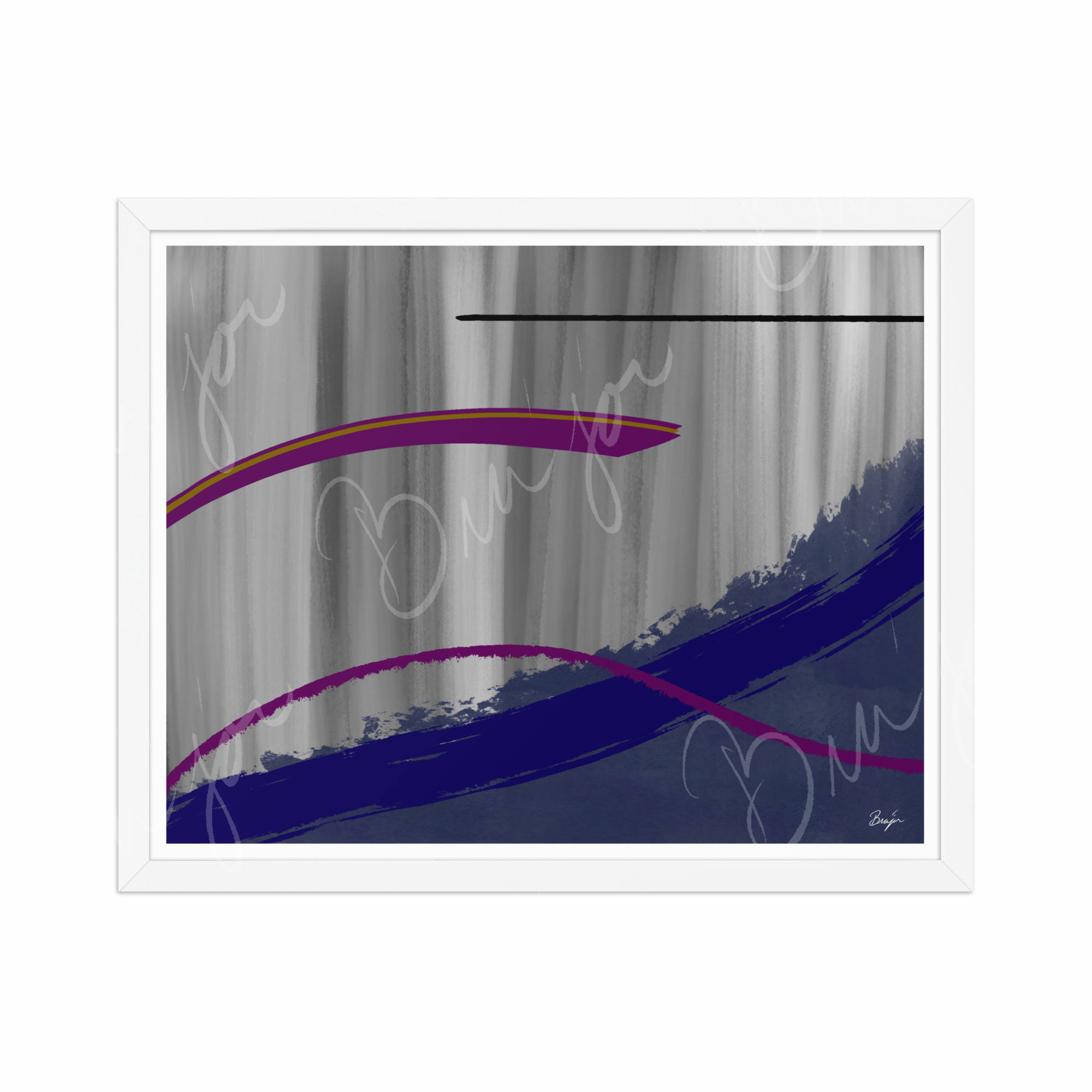 16x20 White Framed Abstract artwork titled Reworking designed by the digital abstract artist Bra'jor. Artwork includes the colors Purple, Gray, Blue, Mustard Yellow, and Black