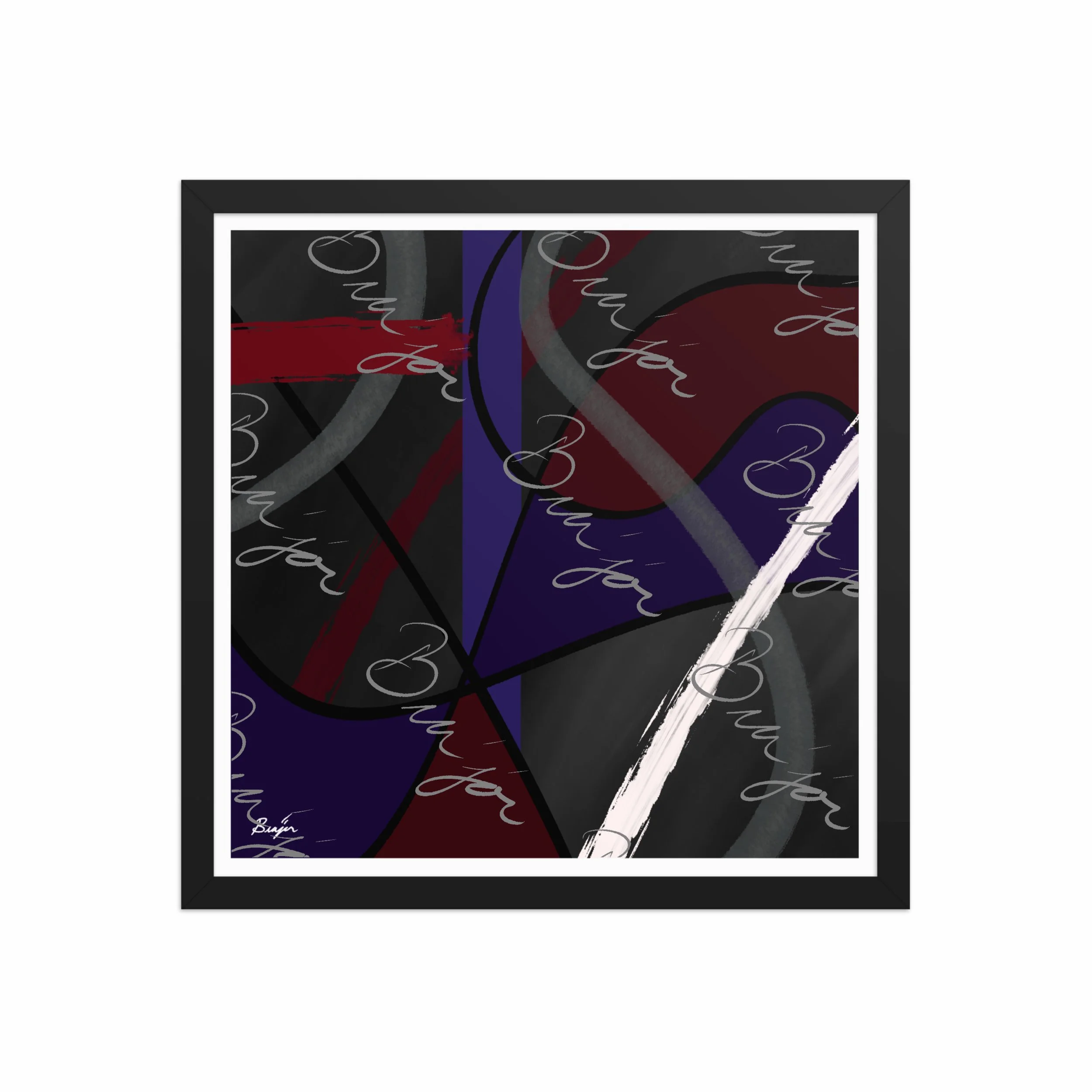 16x16 Black Framed Abstract artwork titled Different designed by the digital abstract artist Bra'jor. Artwork includes the colors Purple, Blue, Red, Gray, and Black