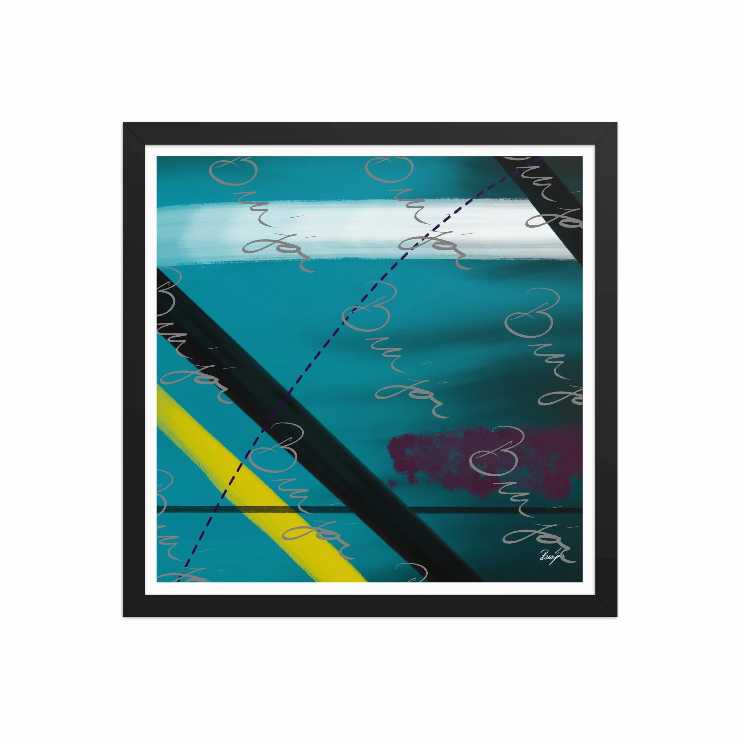 16x16 Black Framed Abstract artwork titled First designed by the digital abstract artist Bra'jor. Artwork includes the colors Blue, Yellow, Black, Purple, and White